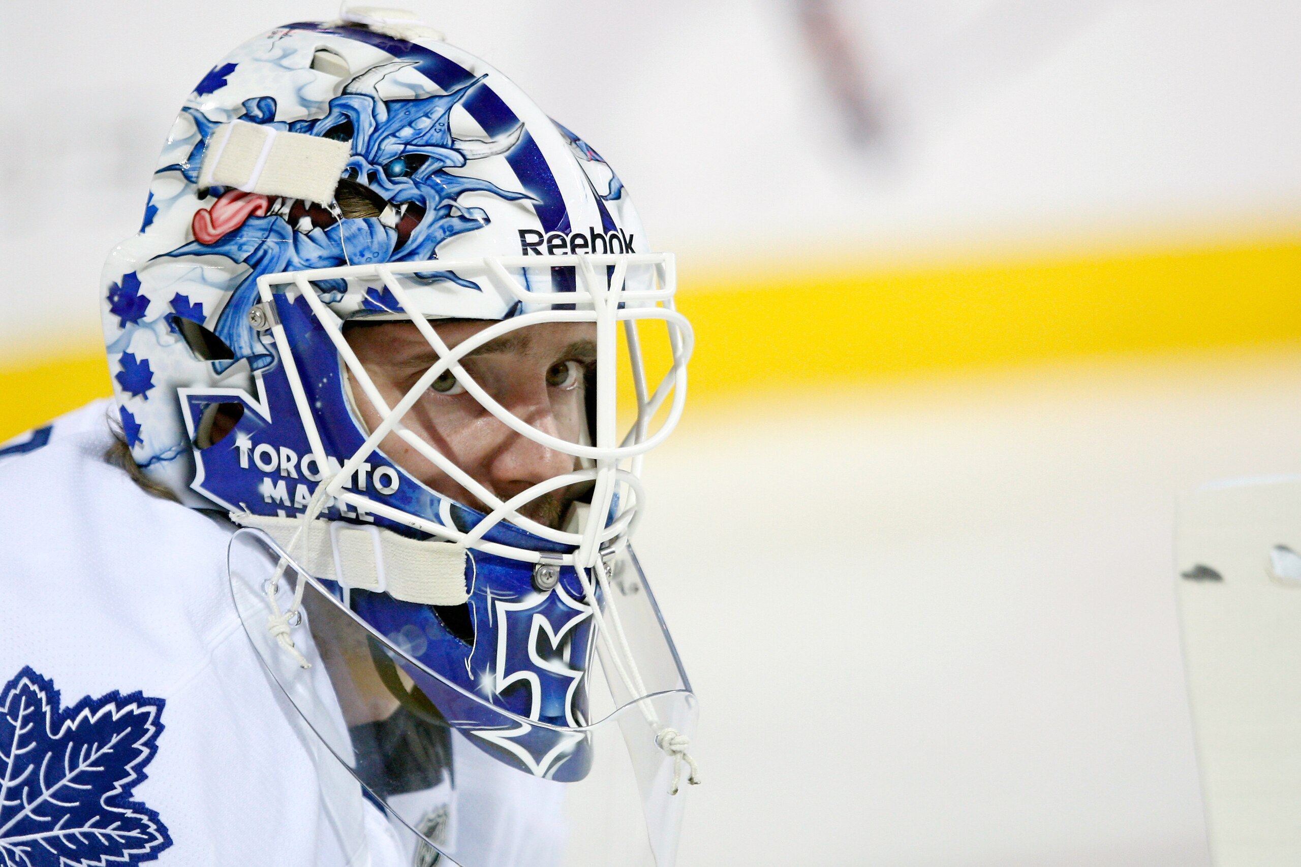 MONTREAL - NOVEMBER 20:  Jonas Gustavsson #50 of the Toronto Maple Leafs watches teammates warm up prior to the game against the Montreal Canadiens at the Bell Centre on November 20, 2010 in Montreal, Quebec, Canada.  The Canadiens defeated the Maple Leaf