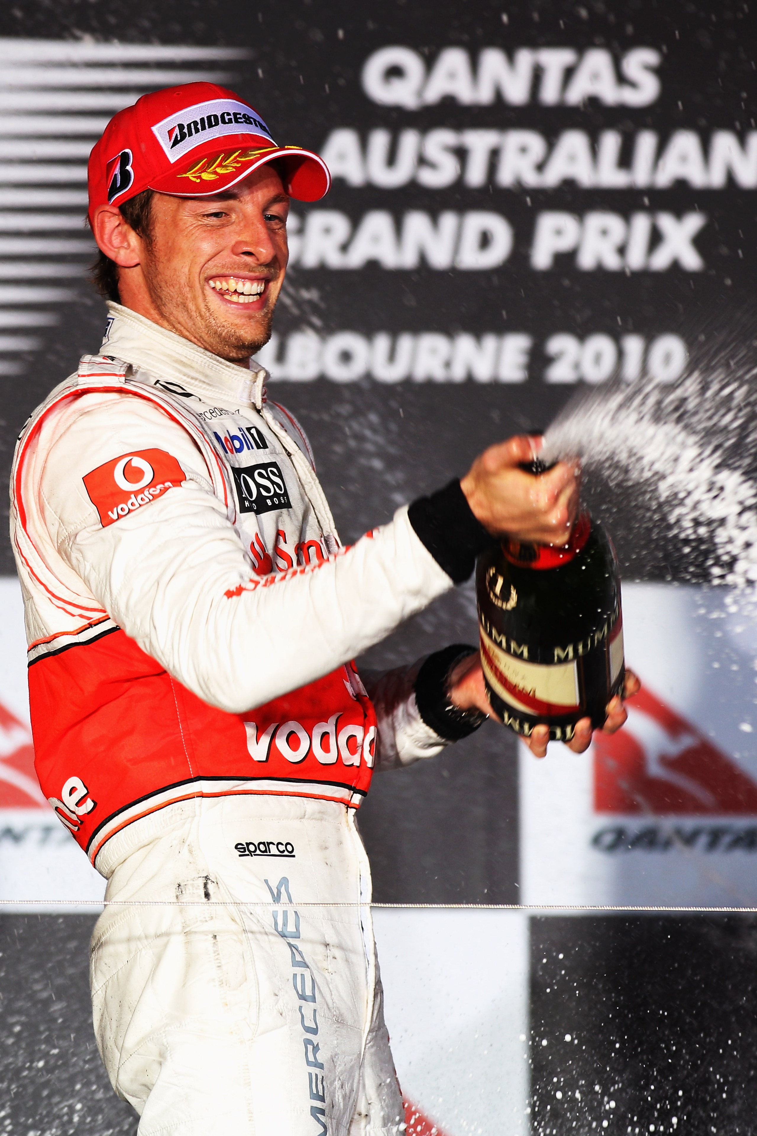 MELBOURNE, AUSTRALIA - MARCH 28: Jenson Button of Great Britain and McLaren Mercedes celebrates winning the the Australian Formula One Grand Prix at the Albert Park Circuit on March 28, 2010 in Melbourne, Australia. (Photo by Mark Thompson/Getty Images) MELBOURNE, AUSTRALIA - MARCH 28: Jenson Button of Great Britain and McLaren Mercedes celebrates winning the the Australian Formula One Grand Prix at the Albert Park Circuit on March 28, 2010 in Melbourne, Australia. (Photo by Mark Thompson/Getty Images)