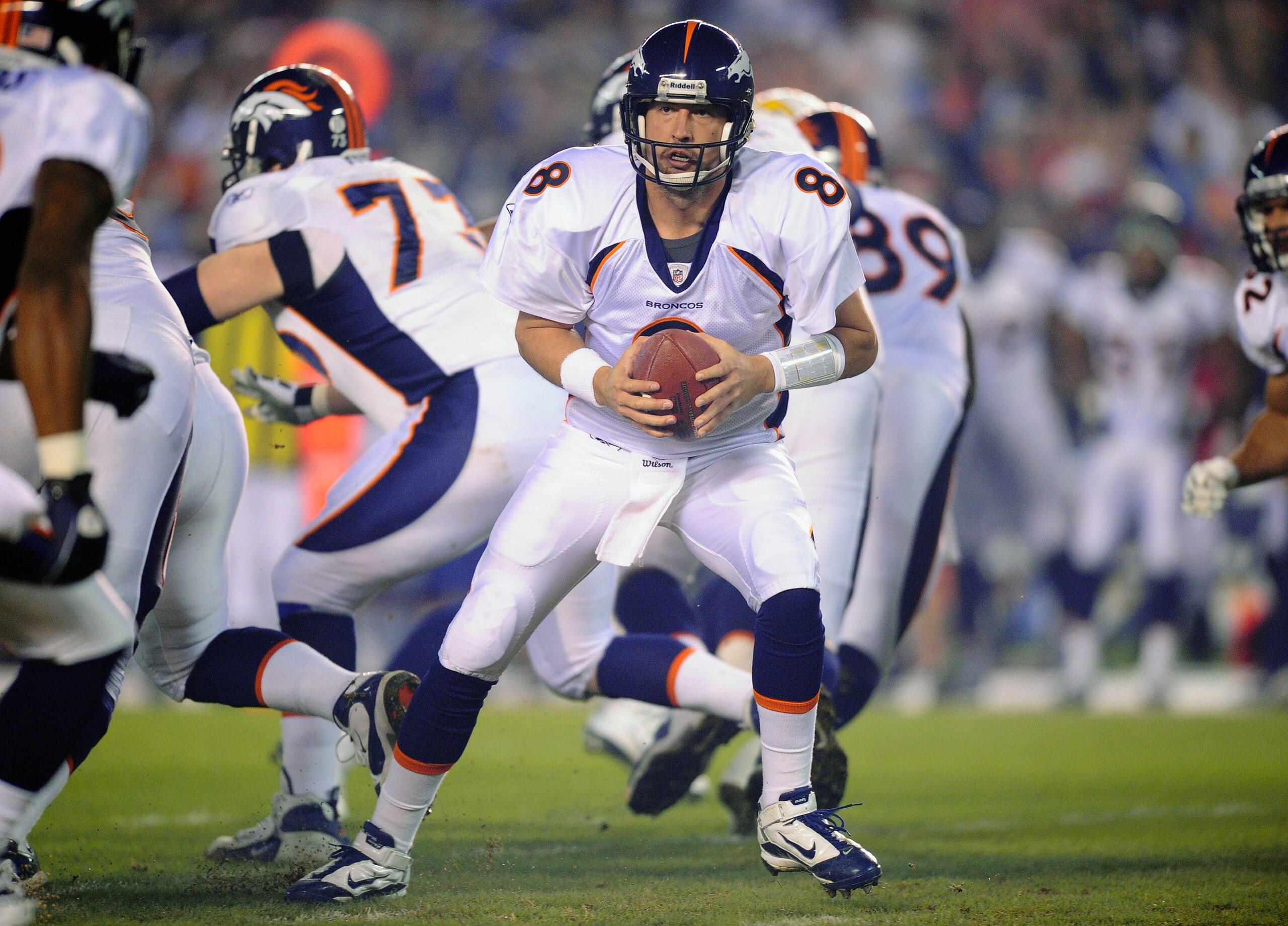 SAN DIEGO - NOVEMBER 22:  Quarterback Kyle Orton #8 of the Denver Broncos in action against San Diego Chargers at Qualcomm Stadium on November 22, 2010 in San Diego, California.  Chargers defeated the broncos, 35-14.  (Photo by Kevork Djansezian/Getty Ima