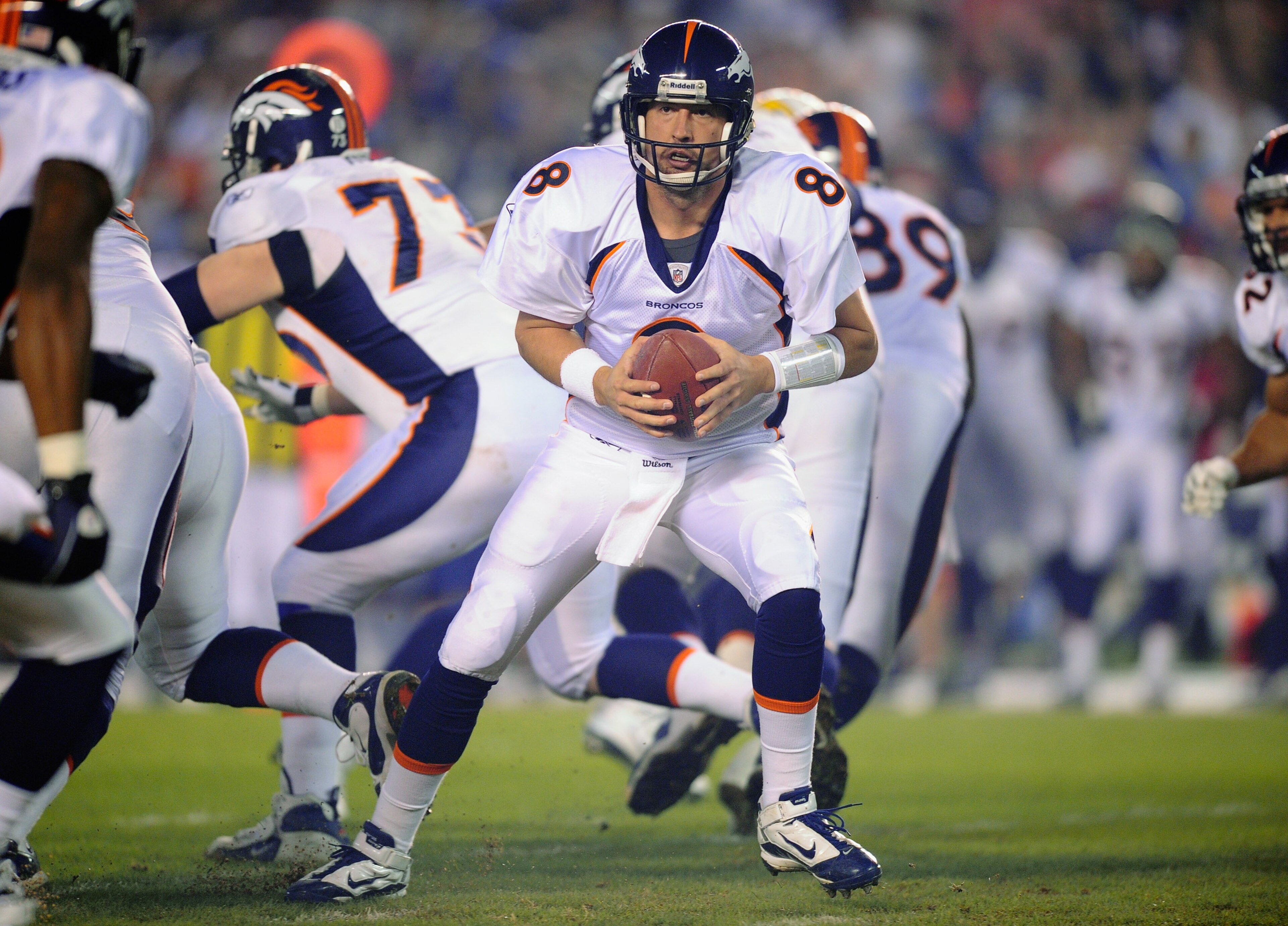 SAN DIEGO - NOVEMBER 22:  Quarterback Kyle Orton #8 of the Denver Broncos in action against San Diego Chargers at Qualcomm Stadium on November 22, 2010 in San Diego, California.  Chargers defeated the broncos, 35-14.  (Photo by Kevork Djansezian/Getty Ima