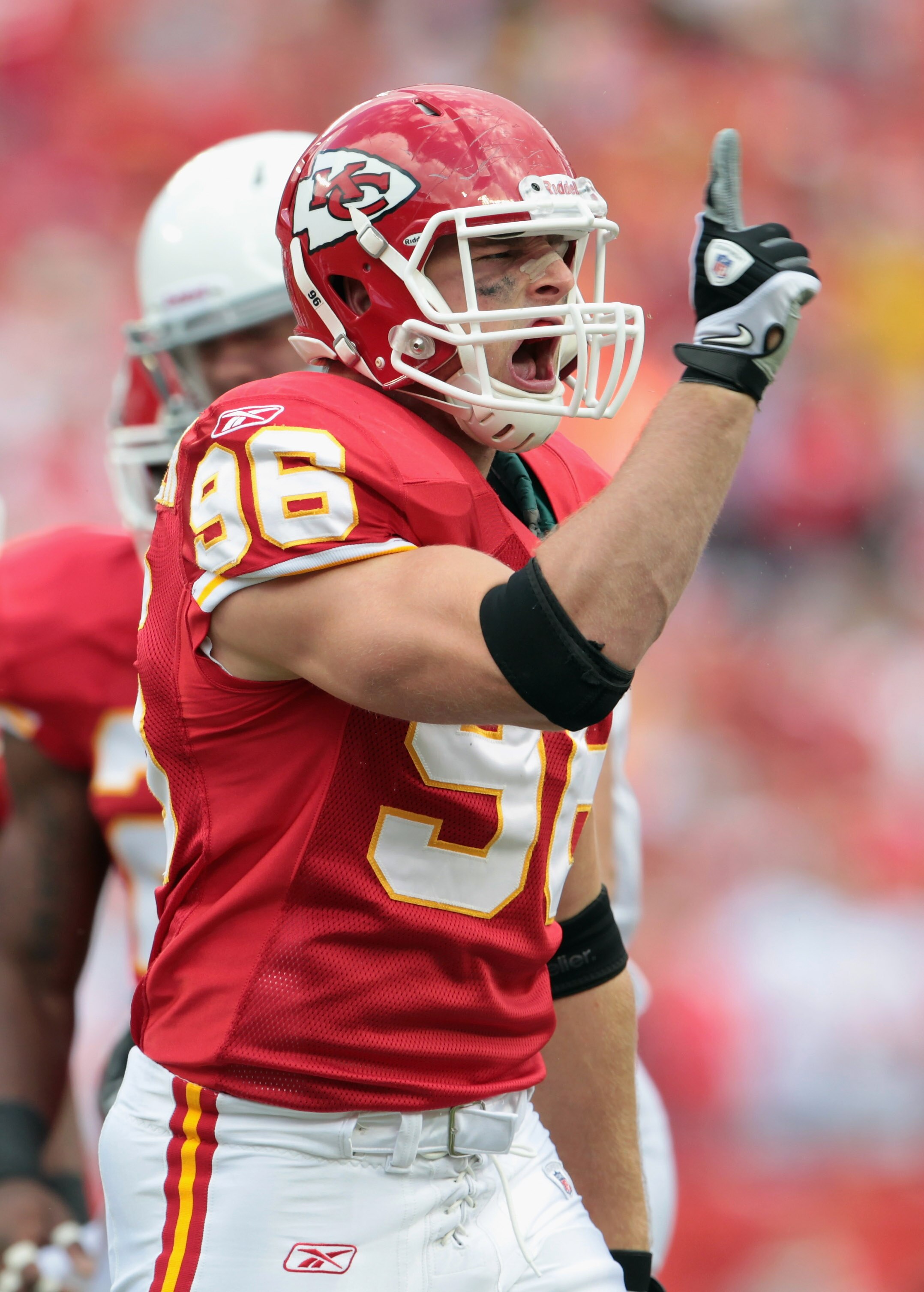 KANSAS CITY, MO - NOVEMBER 21:  Andy Studebaker #96 of the Kansas City Chiefs reacts after making a play during the game against the Arizona Cardinals on November 21, 2010  at Arrowhead Stadium in Kansas City, Missouri.  (Photo by Jamie Squire/Getty Image