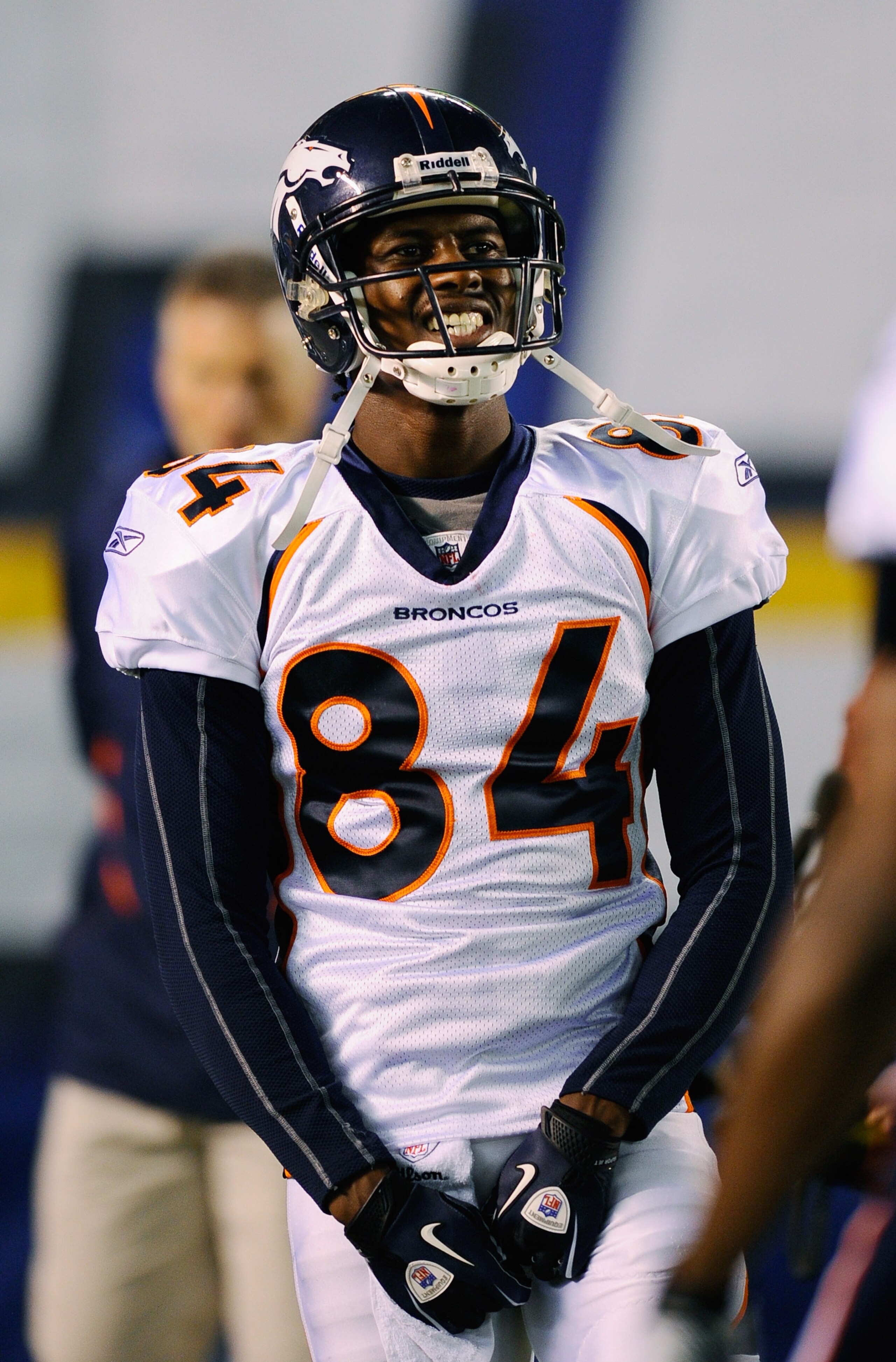 SAN DIEGO - NOVEMBER 22:  Wide receiver Brandon Lloyd #84 of the Denver Broncos warms up prior to the start of the football game against San Diego Chargers at Qualcomm Stadium on November 22, 2010 in San Diego, California.  (Photo by Kevork Djansezian/Get