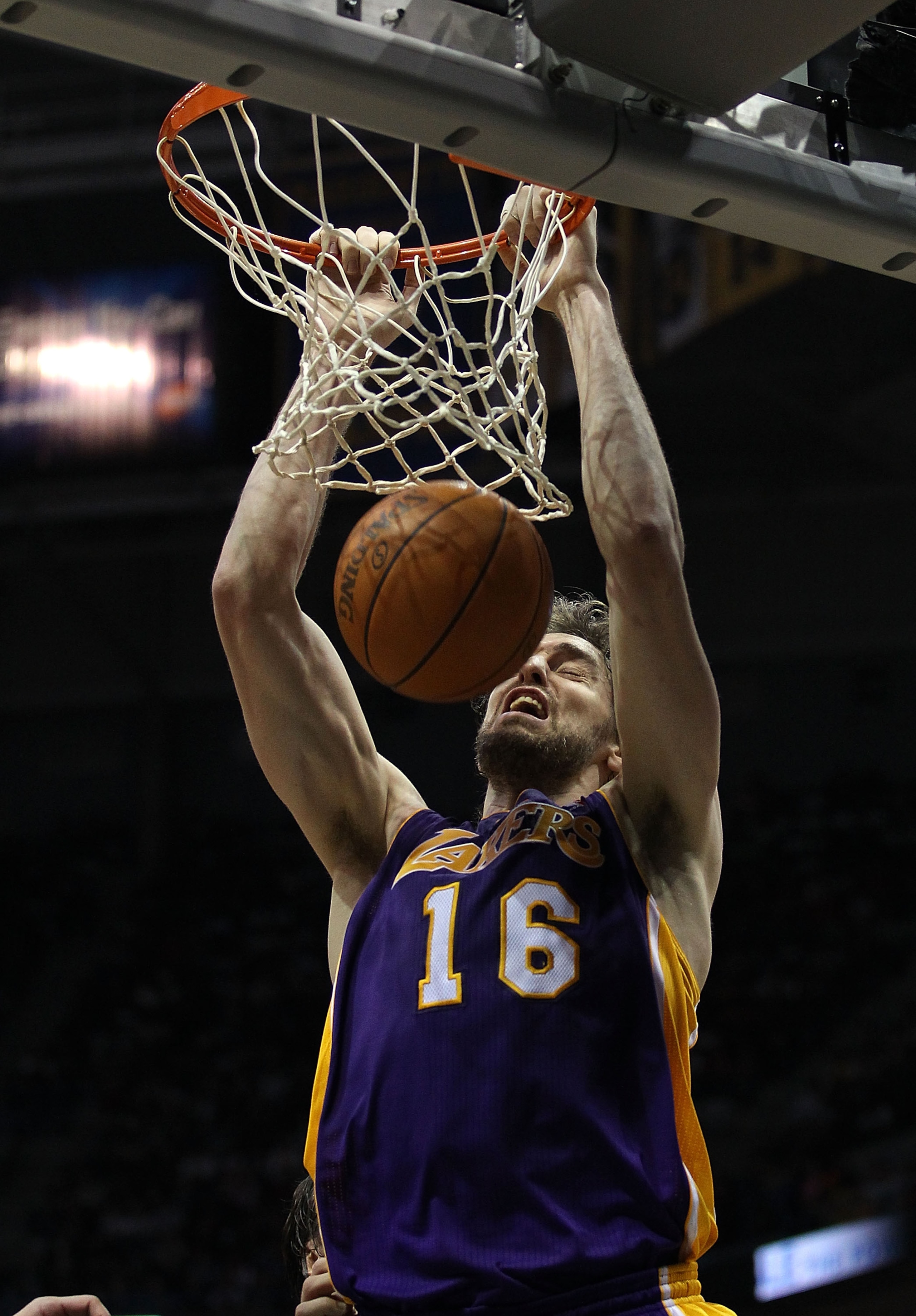MILWAUKEE - NOVEMBER 16: Pau Gasol #16 of the Los Angeles Lakers dunks the ball and bounces it off of his face against the Milwaukee Bucks at the Bradley Center on November 16, 2010 in Milwaukee, Wisconsin. The Lakers defeated the Bucks 118-107. NOTE TO U