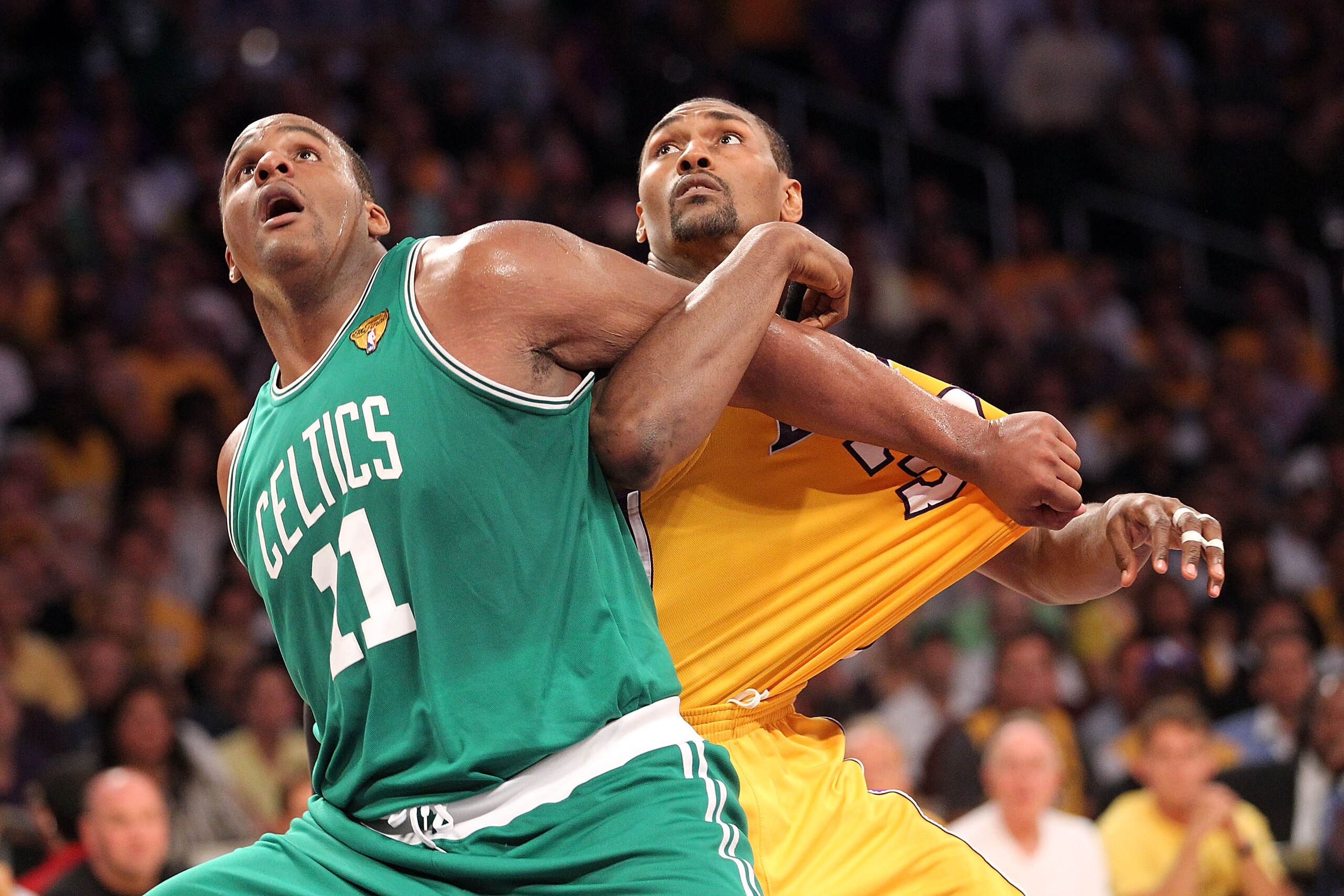 LOS ANGELES, CA - JUNE 17:  Glen Davis #11 of the Boston Celtics and Ron Artest #37 of the Los Angeles Lakers battle for position on a free throw in the first half of Game Seven of the 2010 NBA Finals at Staples Center on June 17, 2010 in Los Angeles, Cal