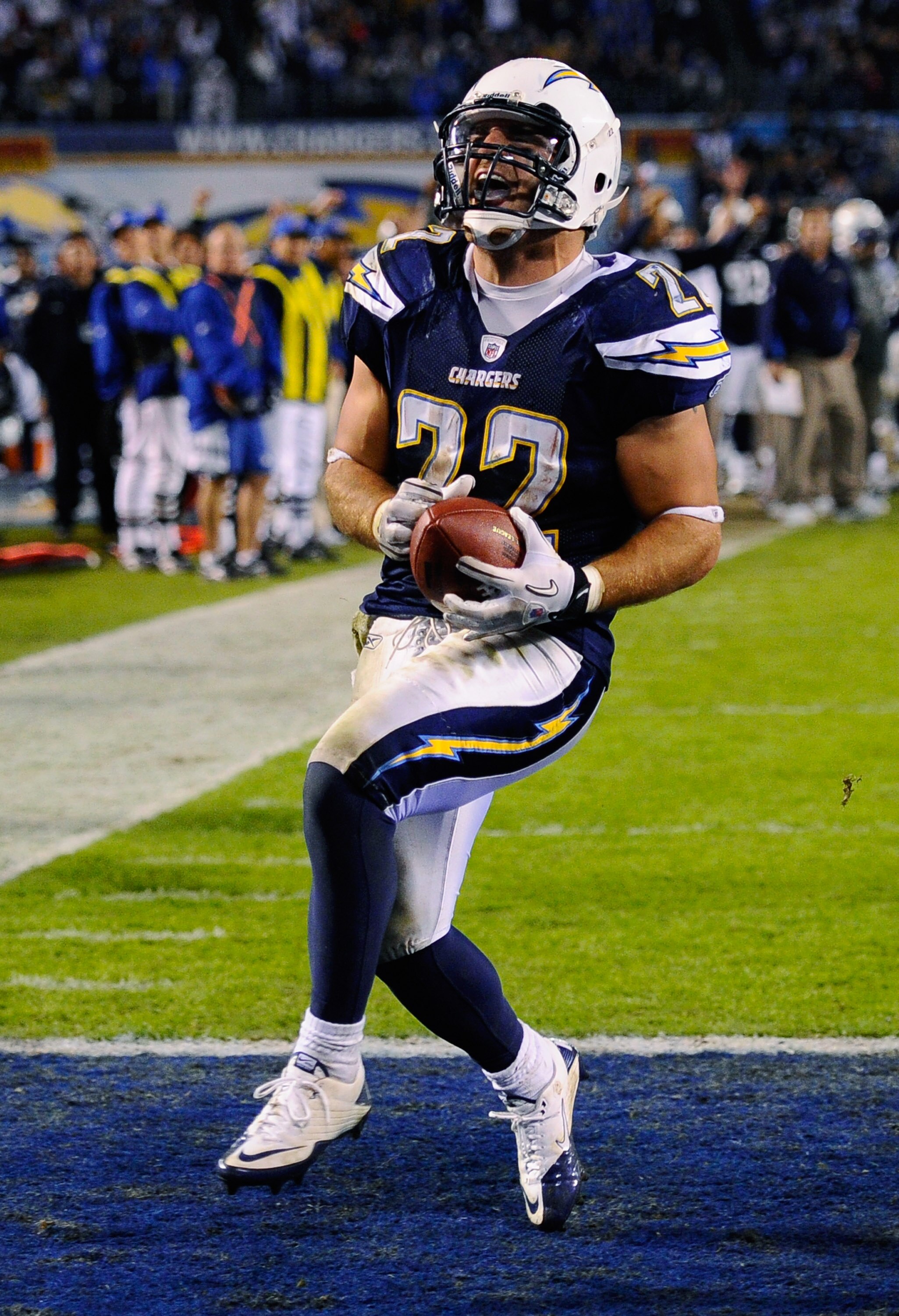 SAN DIEGO - NOVEMBER 22:  Jacob Hester #22 of the San Diego Chargers scores a touchdown against  the Denver Broncos at Qualcomm Stadium on November 22, 2010 in San Diego, California.  Chargers defeated the Broncos, 35-14.  (Photo by Kevork Djansezian/Gett