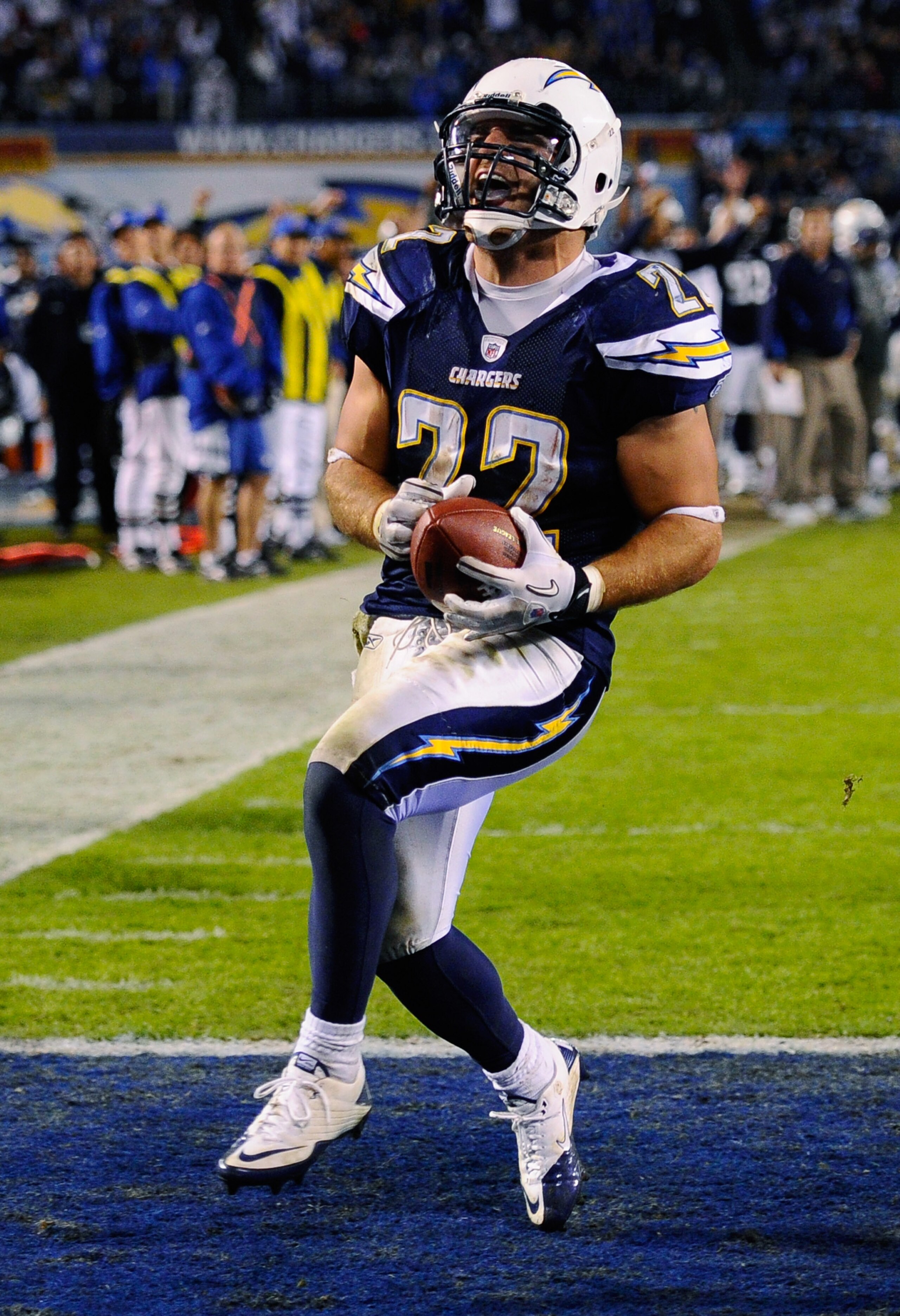SAN DIEGO - NOVEMBER 22:  Jacob Hester #22 of the San Diego Chargers scores a touchdown against  the Denver Broncos at Qualcomm Stadium on November 22, 2010 in San Diego, California.  Chargers defeated the Broncos, 35-14.  (Photo by Kevork Djansezian/Gett