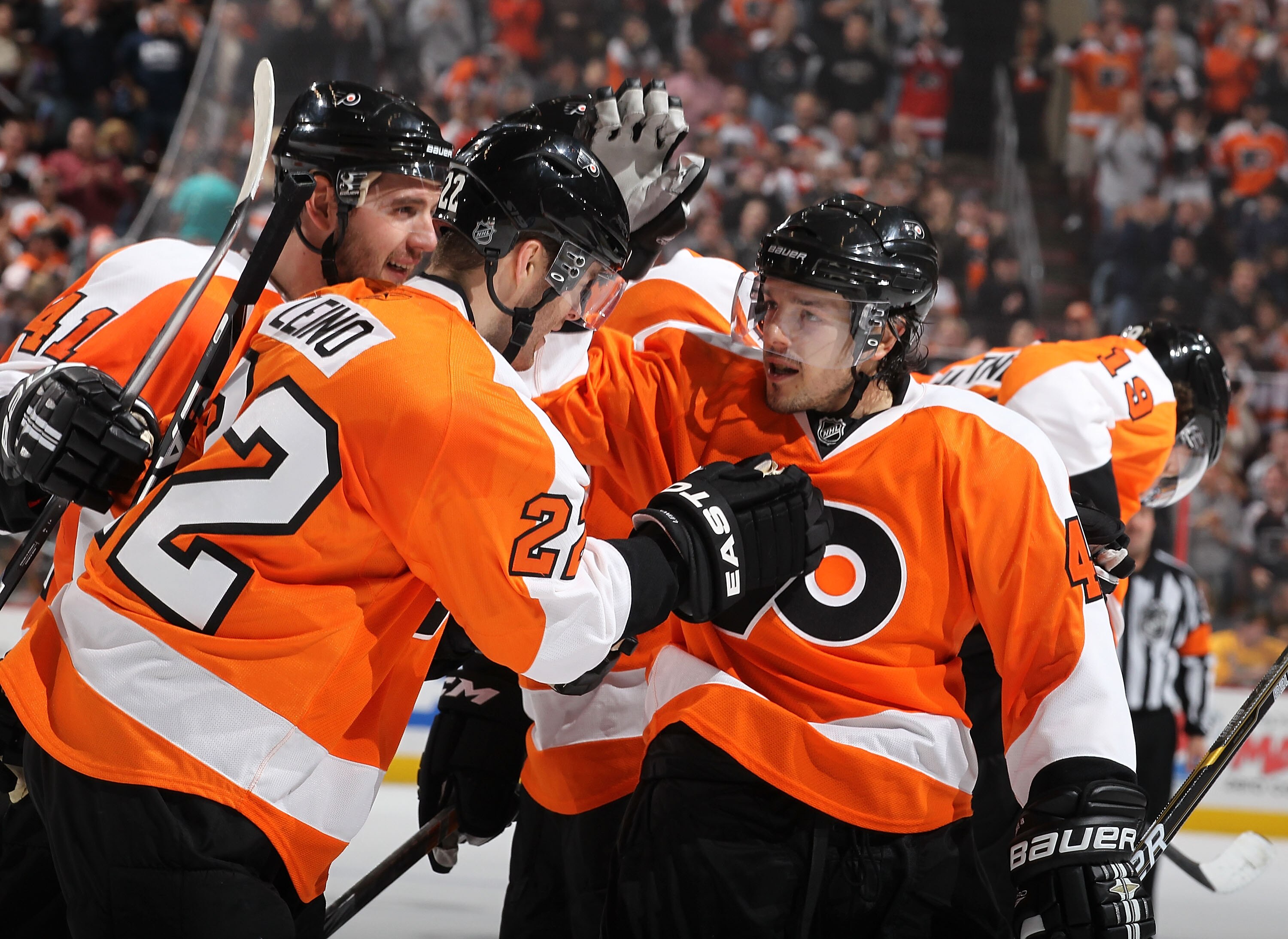 PHILADELPHIA - NOVEMBER 22:  Ville Leino #22 of The Philadelphia Flyers celebrates his goal with Danny Briere #48 against the Montreal Canadiens during their game on November 22, 2010 at The Wells Fargo Center in Philadelphia, Pennsylvania.  (Photo by Al