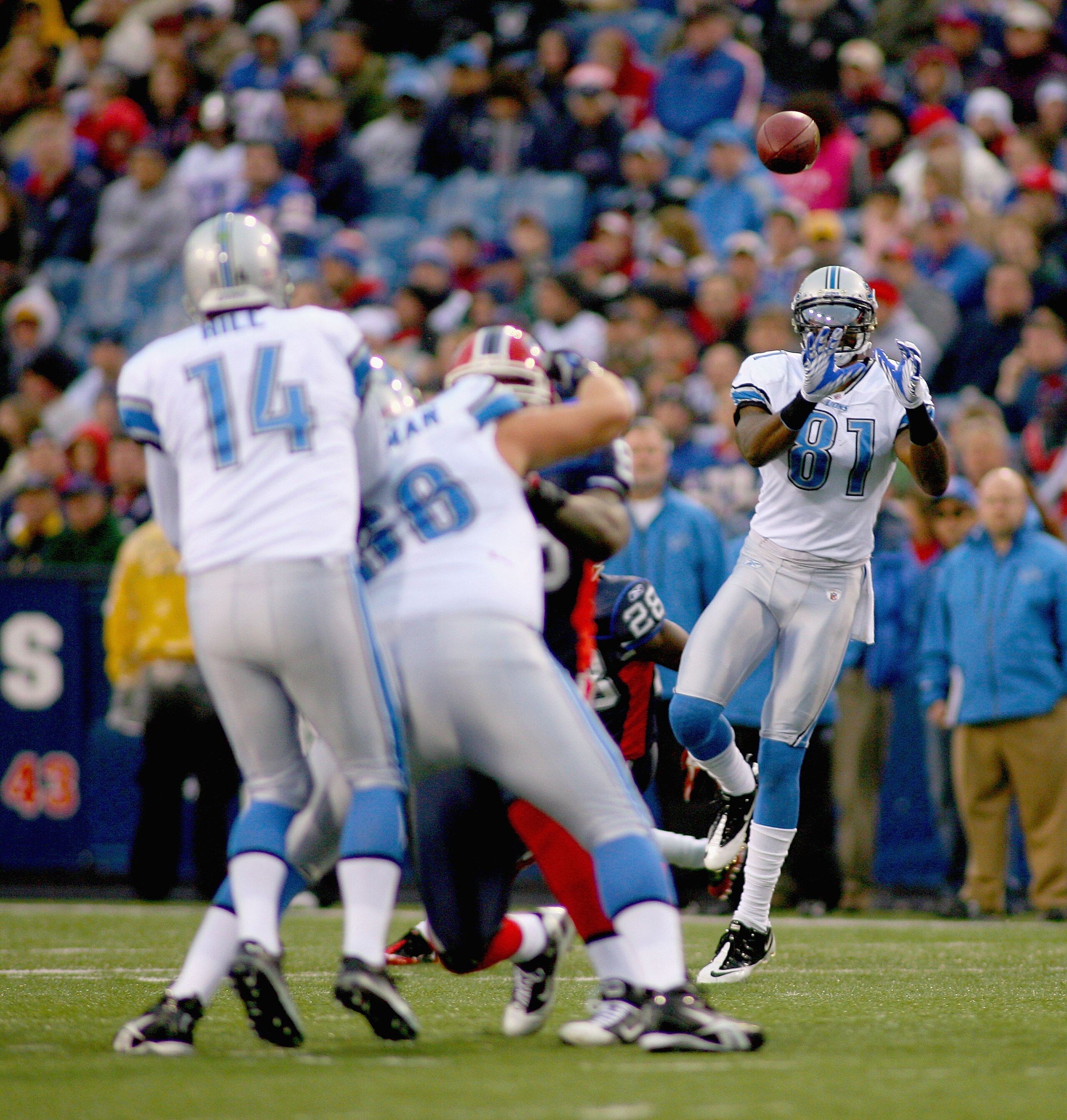ORCHARD PARK, NY - NOVEMBER 14: Calvin Johnson #81 of the Detroit Lions catches a pass against the Buffalo Bills at Ralph Wilson Stadium on November 14, 2010 in Orchard Park, New York. The Bills won 14-12. (Photo by Rick Stewart/Getty Images)
