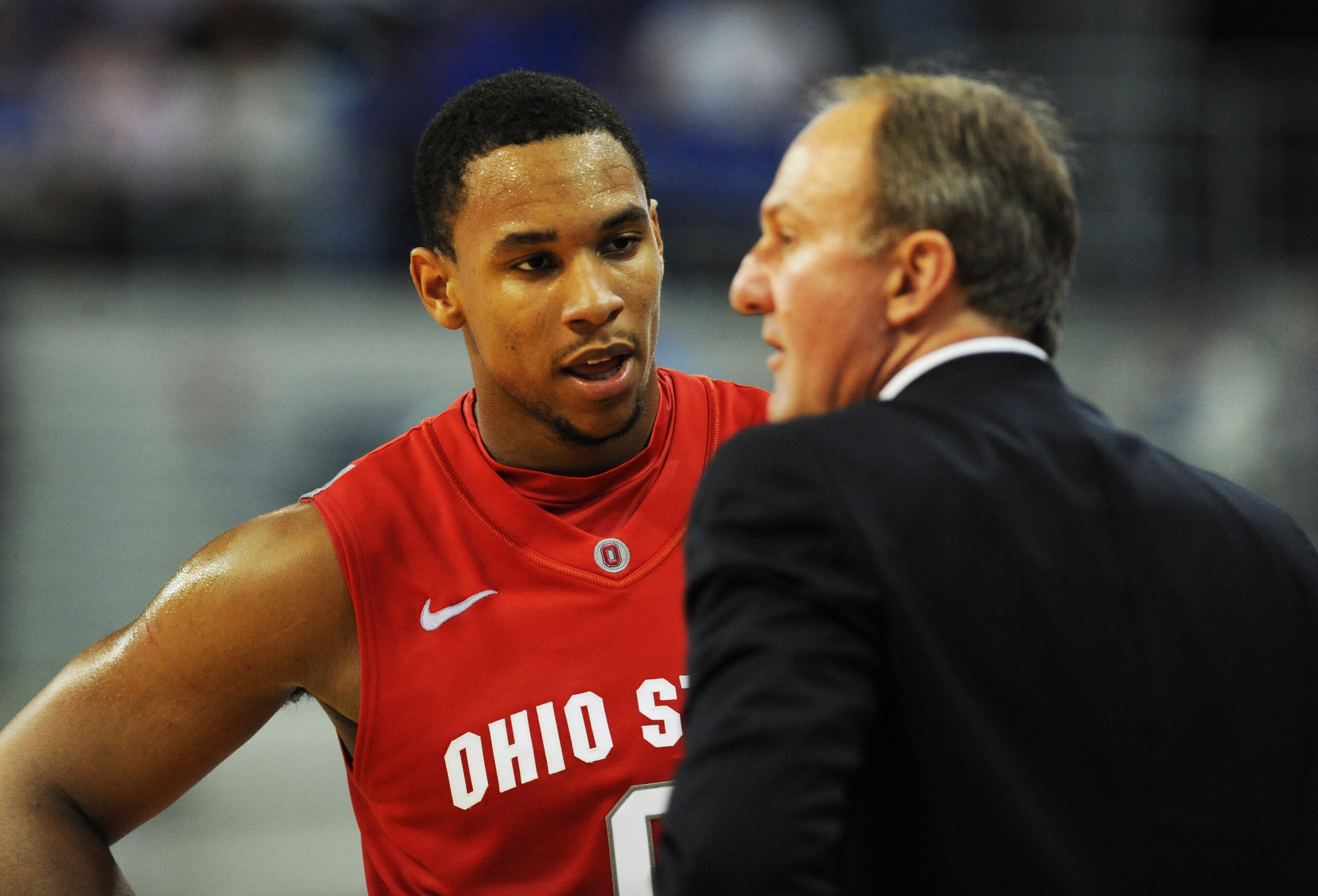 GAINESVILLE, FL - NOVEMBER 16: Coach Thad Matta of the Ohio State Buckeyes talks with forward Jared Sullinger #0 during play  against the Florida Gators November 16, 2010 at the Stephen C. O'Connell Center in Gainesville, Florida.  (Photo by Al Messerschm