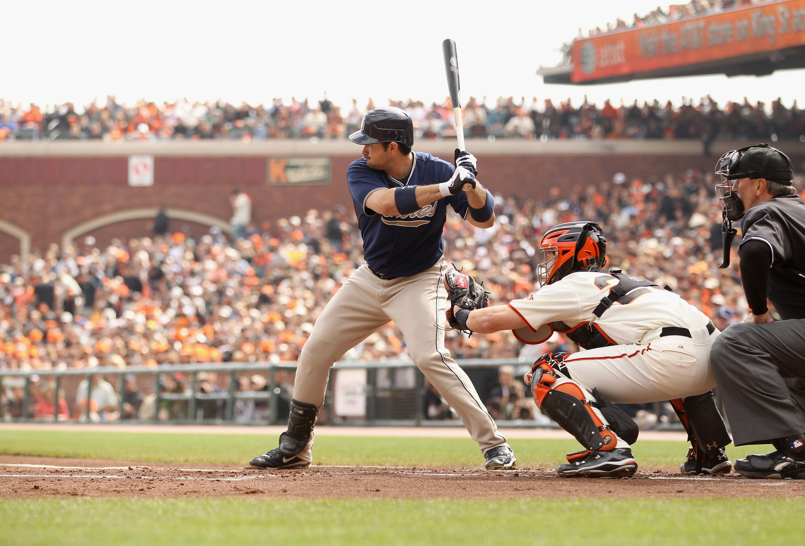 SAN FRANCISCO - OCTOBER 03:  Adrian Gonzalez #23 of the San Diego Padres bats against the San Francisco Giants at AT&T Park on October 3, 2010 in San Francisco, California.  (Photo by Ezra Shaw/Getty Images)