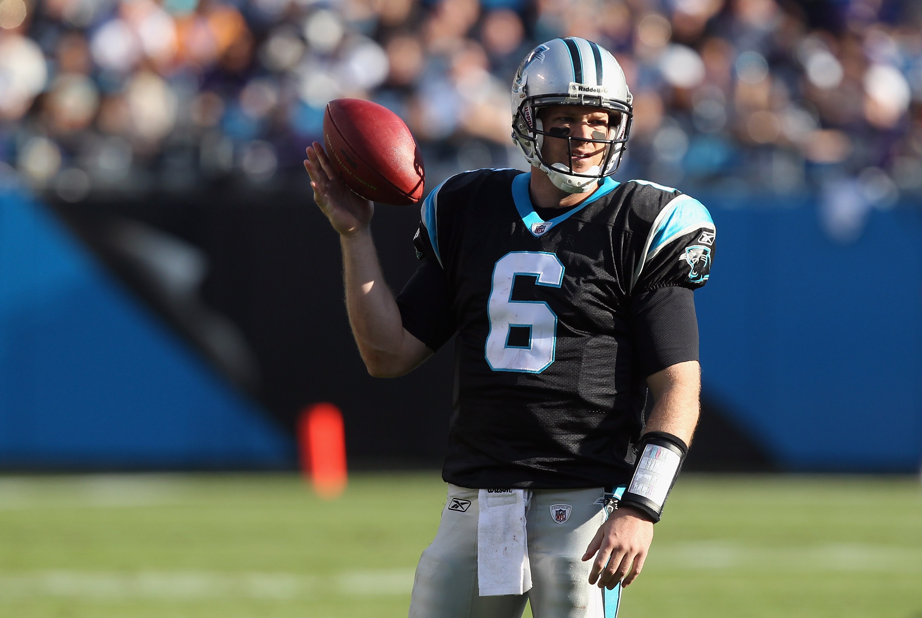 CHARLOTTE, NC - NOVEMBER 21:  Brian St. Pierre #6 of the Carolina Panthers against the Baltimore Ravens at Bank of America Stadium on November 21, 2010 in Charlotte, North Carolina.  (Photo by Streeter Lecka/Getty Images)