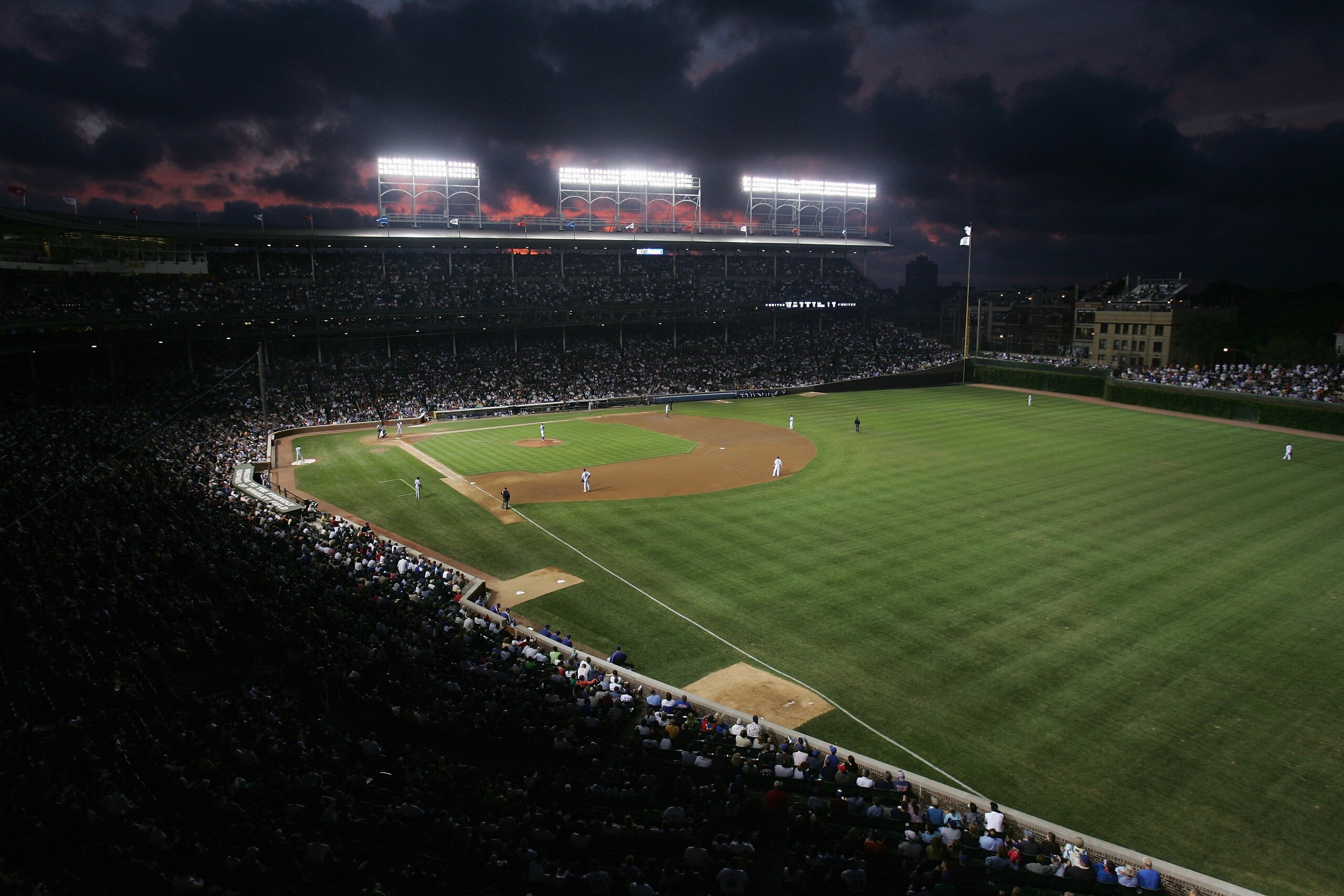 CHICAGO - AUGUST 30:  General view of the stadium after the sun set in the night sky during the game between the Los Angeles Dodgers and the Chicago Cubs on August 30, 2005 at Wrigley Field in Chicago, Illinois.  The Cubs defeated the Dodgers 6-3.  (Photo