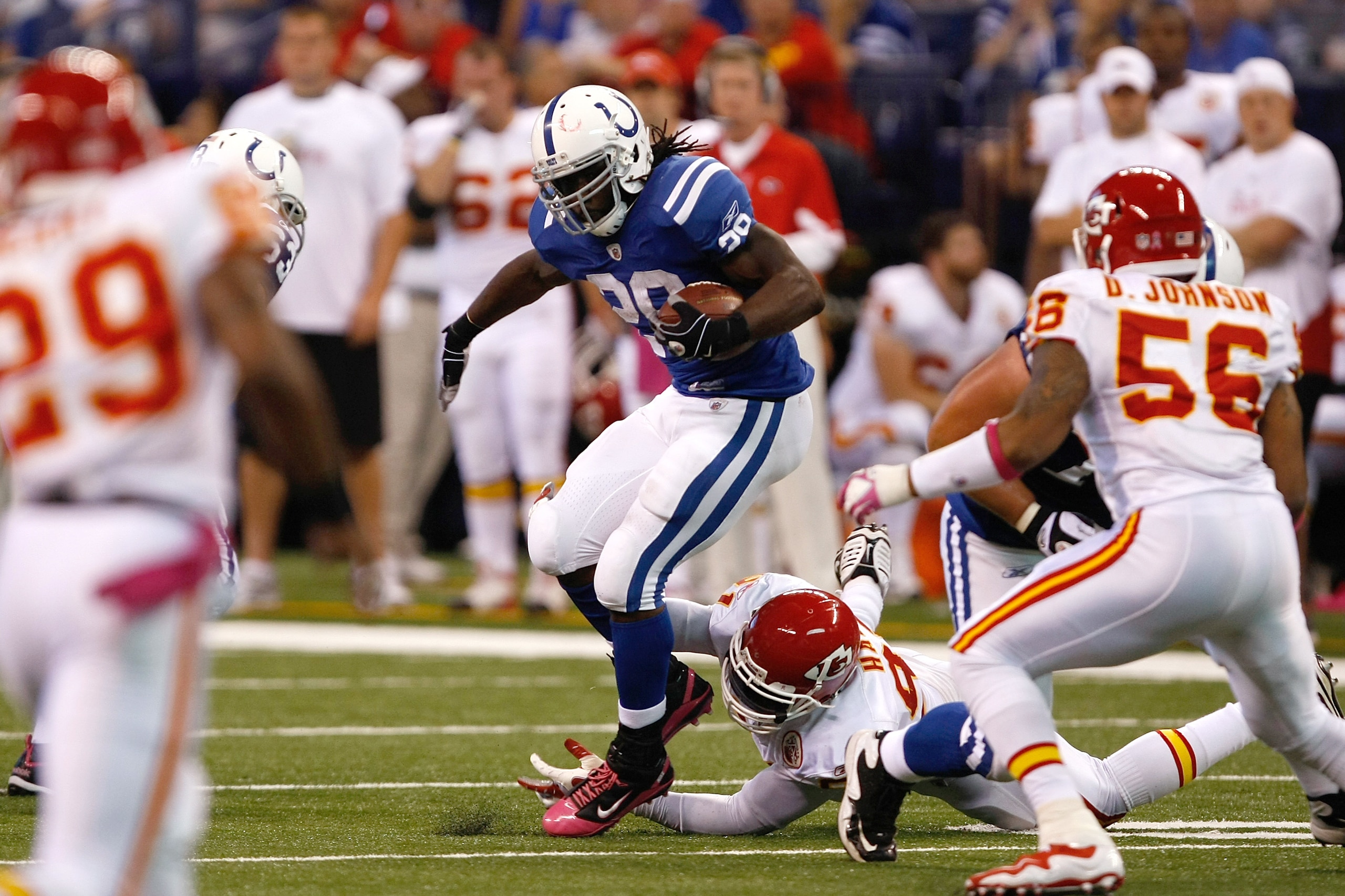INDIANAPOLIS, IN - OCTOBER 10: Joseph Addai #29 of the Indianapolis Colts runs with the football against the Kansas City Chiefs at Lucas Oil Stadium on October 10, 2010 in Indianapolis, Indiana. (Photo by Scott Boehm/Getty Images) INDIANAPOLIS, IN - OCTOBER 10: Joseph Addai #29 of the Indianapolis Colts runs with the football against the Kansas City Chiefs at Lucas Oil Stadium on October 10, 2010 in Indianapolis, Indiana. (Photo by Scott Boehm/Getty Images)