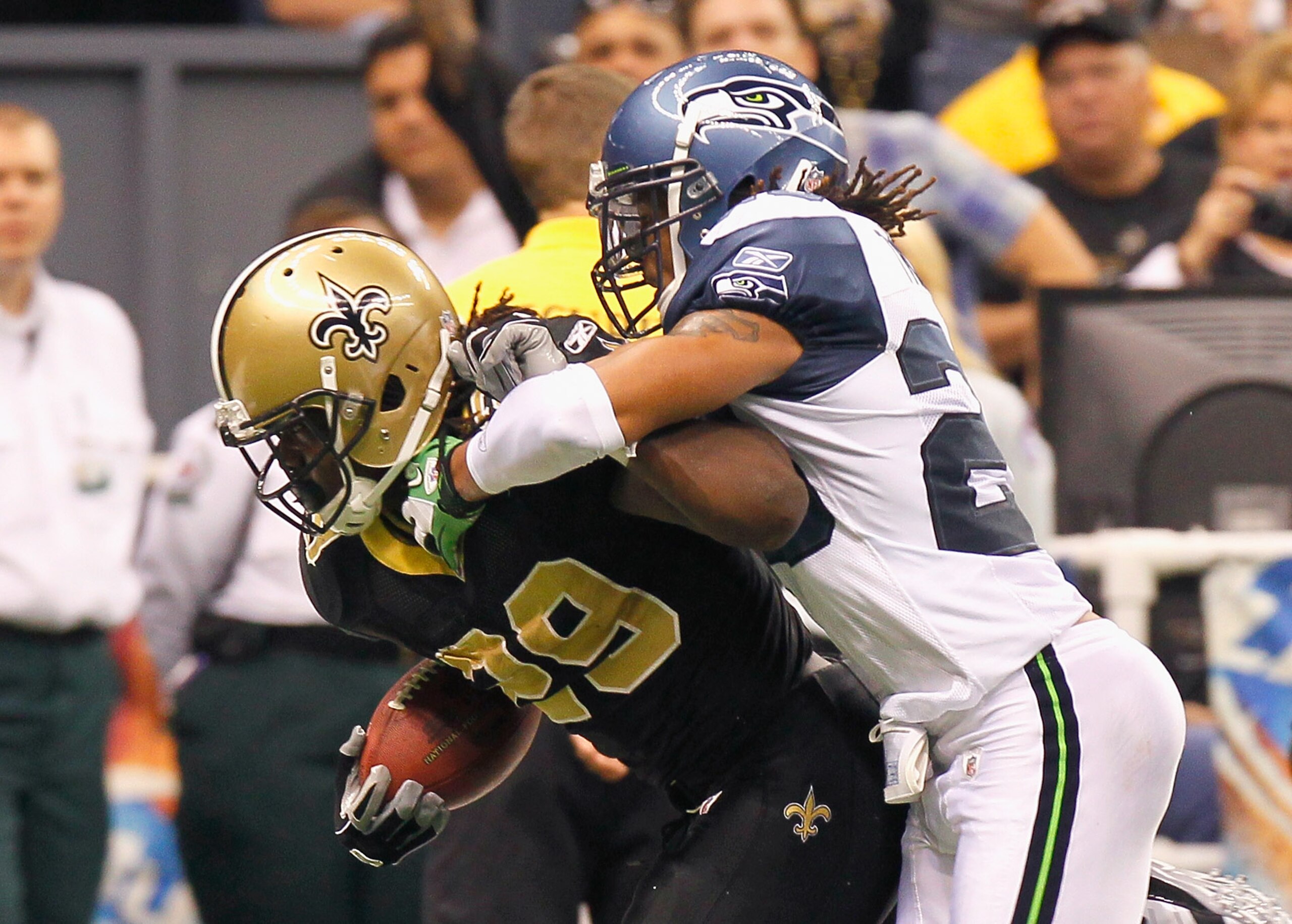 NEW ORLEANS - NOVEMBER 21: Chris Ivory #29 of the New Orleans Saints is tackled by Walter Thurmond #28 of the Seattle Seahawks at Louisiana Superdome on November 21, 2010 in New Orleans, Louisiana. (Photo by Kevin C. Cox/Getty Images) NEW ORLEANS - NOVEMBER 21: Chris Ivory #29 of the New Orleans Saints is tackled by Walter Thurmond #28 of the Seattle Seahawks at Louisiana Superdome on November 21, 2010 in New Orleans, Louisiana. (Photo by Kevin C. Cox/Getty Images)