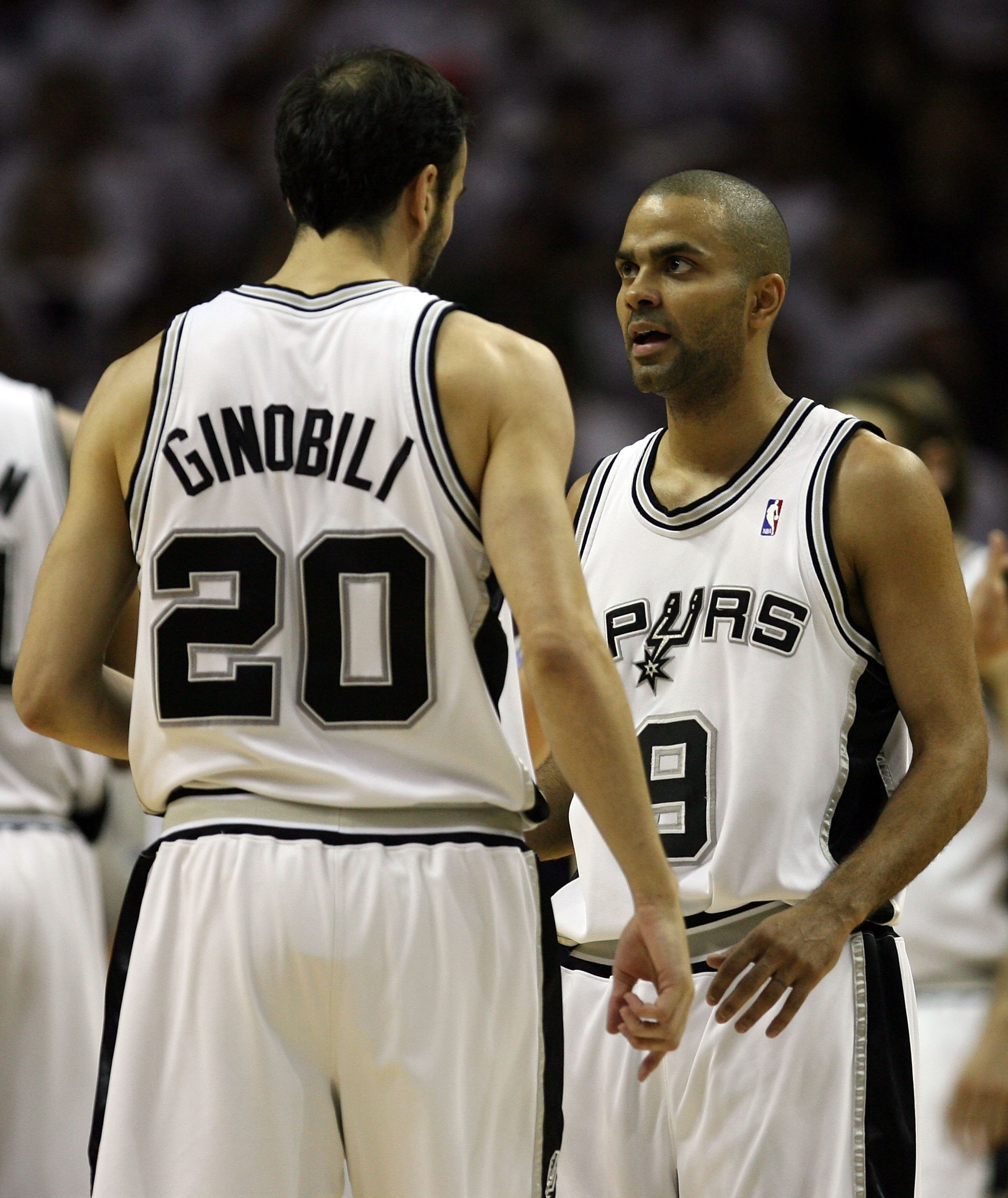 SAN ANTONIO - MAY 27:  (R-L) Tony Parker #9 and Manu Ginobili #20 of the San Antonio Spurs talk while taking on the Los Angeles Lakers in Game Four of the Western Conference Finals during the 2008 NBA Playoffs on May 27, 2008 at the AT&T Center in San Ant