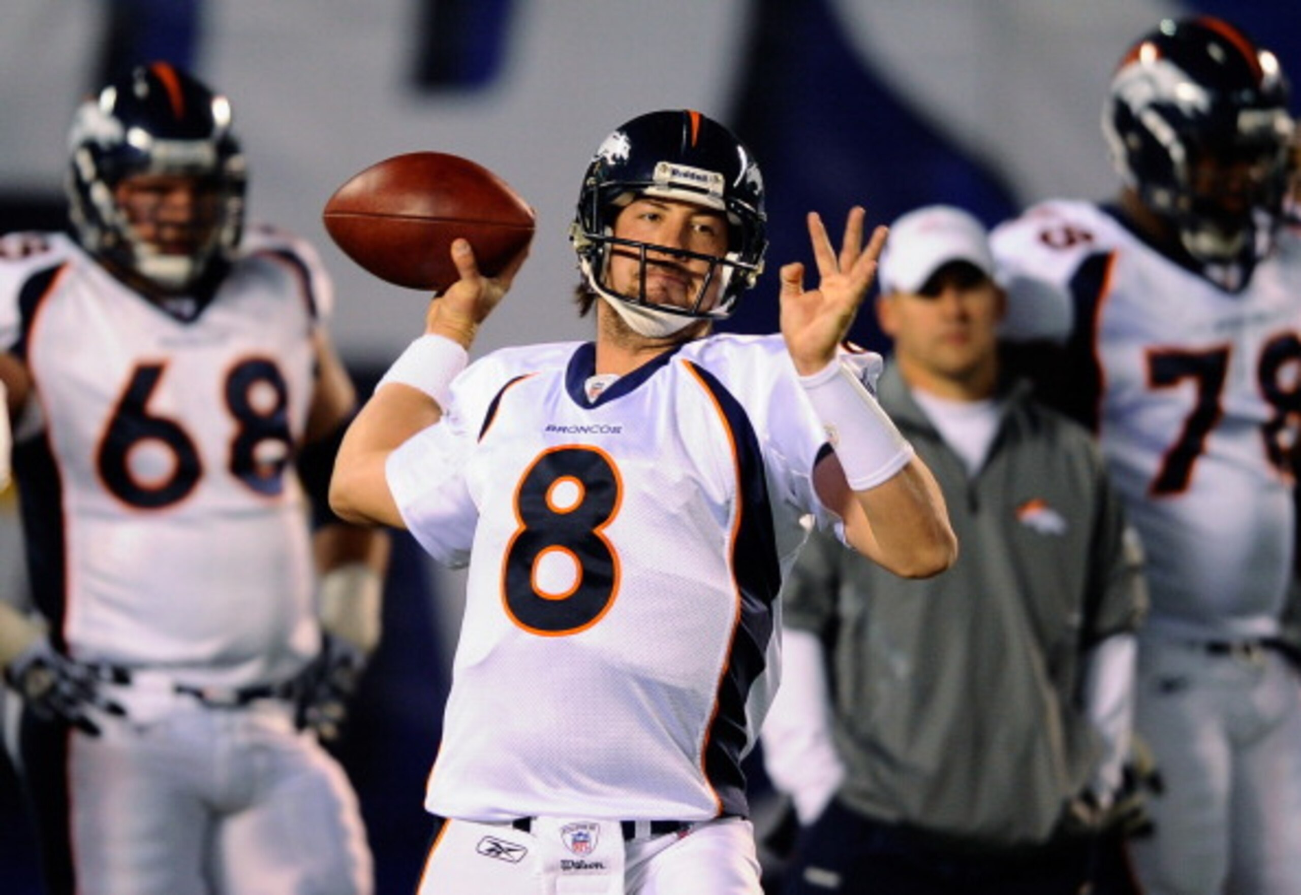 SAN DIEGO - NOVEMBER 22: Quarterback Kyle Orton #8 of the Denver Broncos throws a pass during warm up before the start of the game against San Diego Chargers at Qualcomm Stadium on November 22, 2010 in San Diego, California. Chargers defeated the bronco SAN DIEGO - NOVEMBER 22: Quarterback Kyle Orton #8 of the Denver Broncos throws a pass during warm up before the start of the game against San Diego Chargers at Qualcomm Stadium on November 22, 2010 in San Diego, California. Chargers defeated the bronco