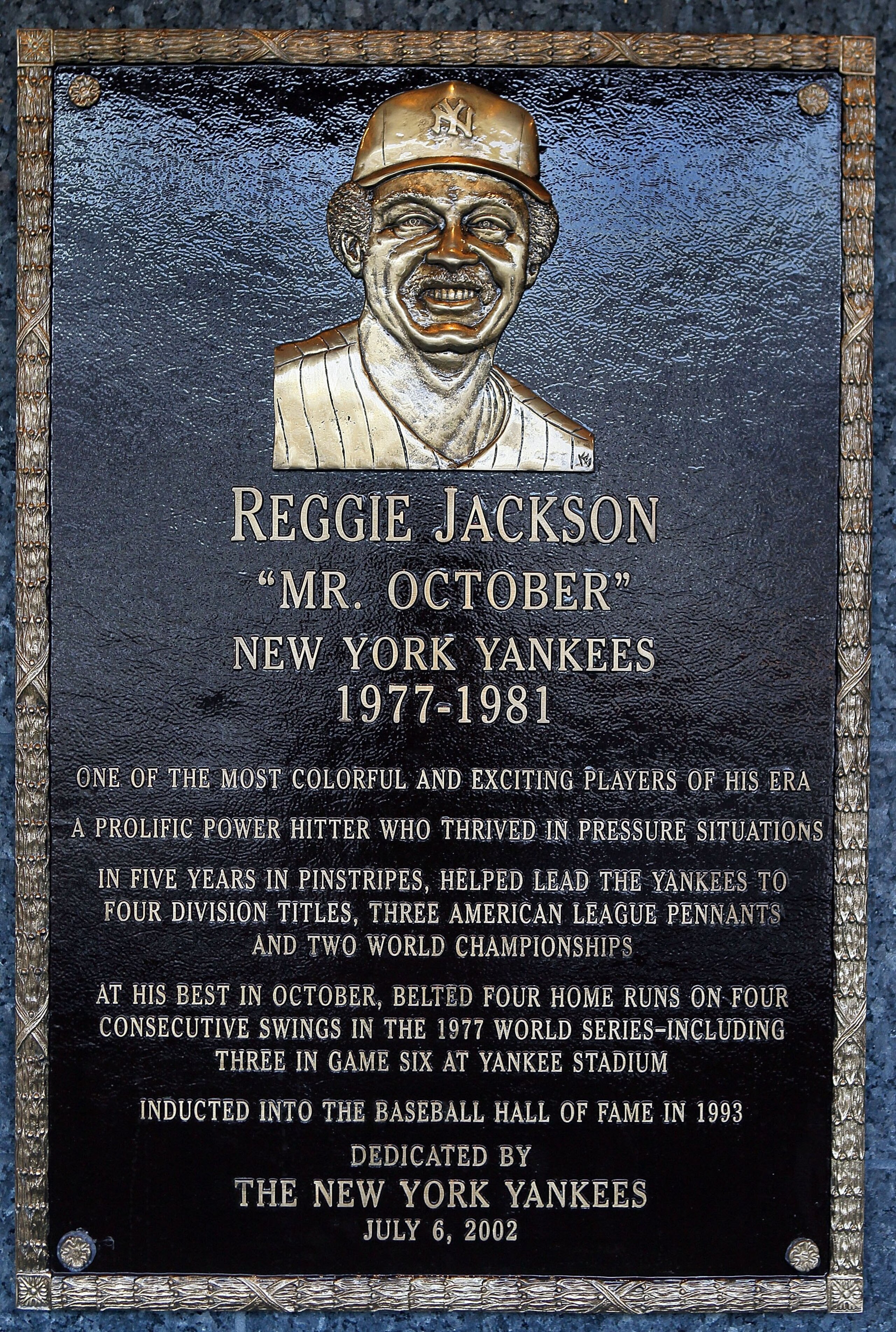 NEW YORK - MAY 02:  The plaque of Reggie Jackson is seen in Monument Park at Yankee Stadium prior to the game between the New York Yankees and the Chicago White Sox on May 2, 2010 in the Bronx borough of New York City. The Yankees defeated the White Sox 1