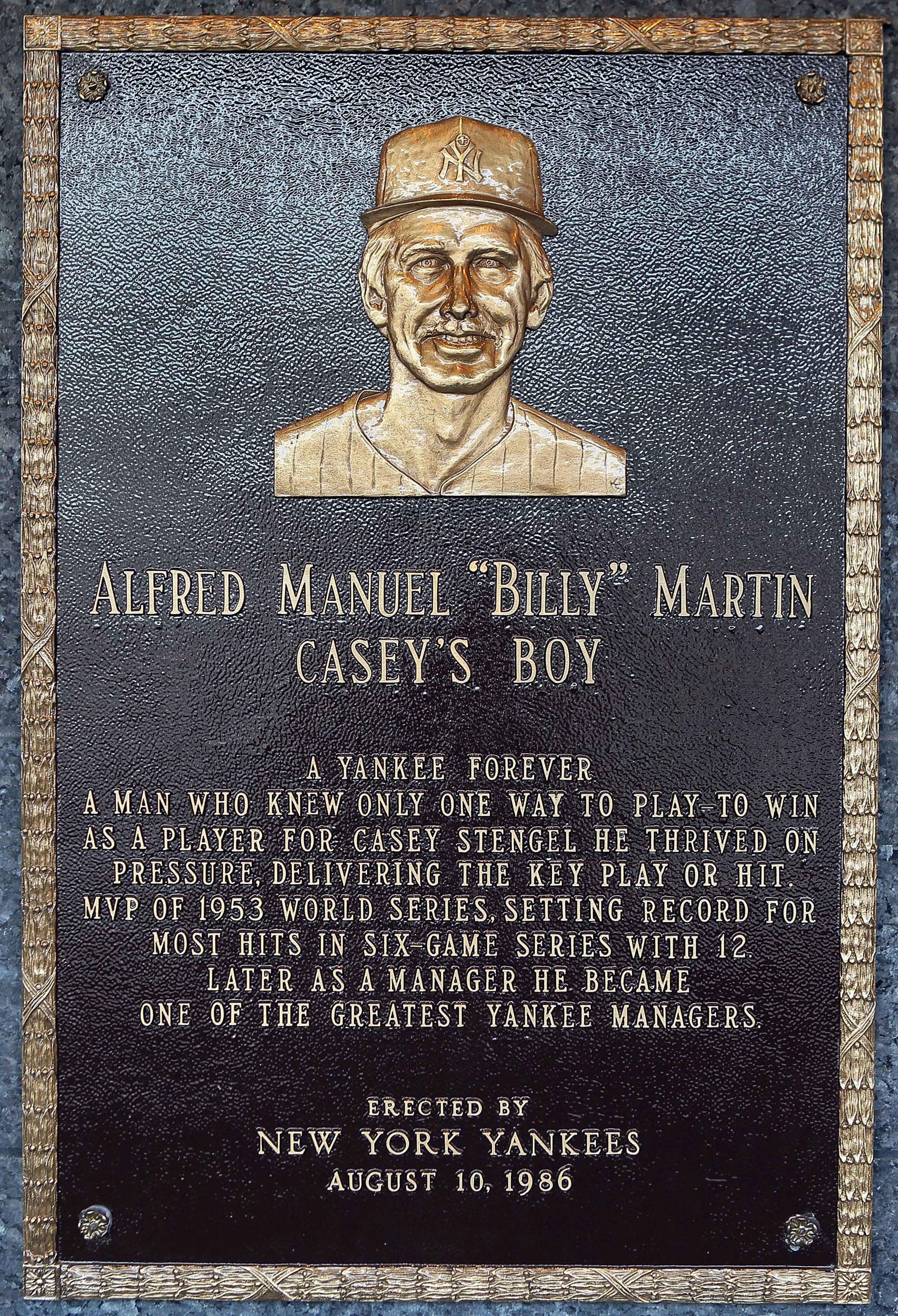 NEW YORK - MAY 02:  The plaque of Billy Martin is seen in Monument Park at Yankee Stadium prior to the game between the New York Yankees and the Chicago White Sox on May 2, 2010 in the Bronx borough of New York City. The Yankees defeated the White Sox 12-