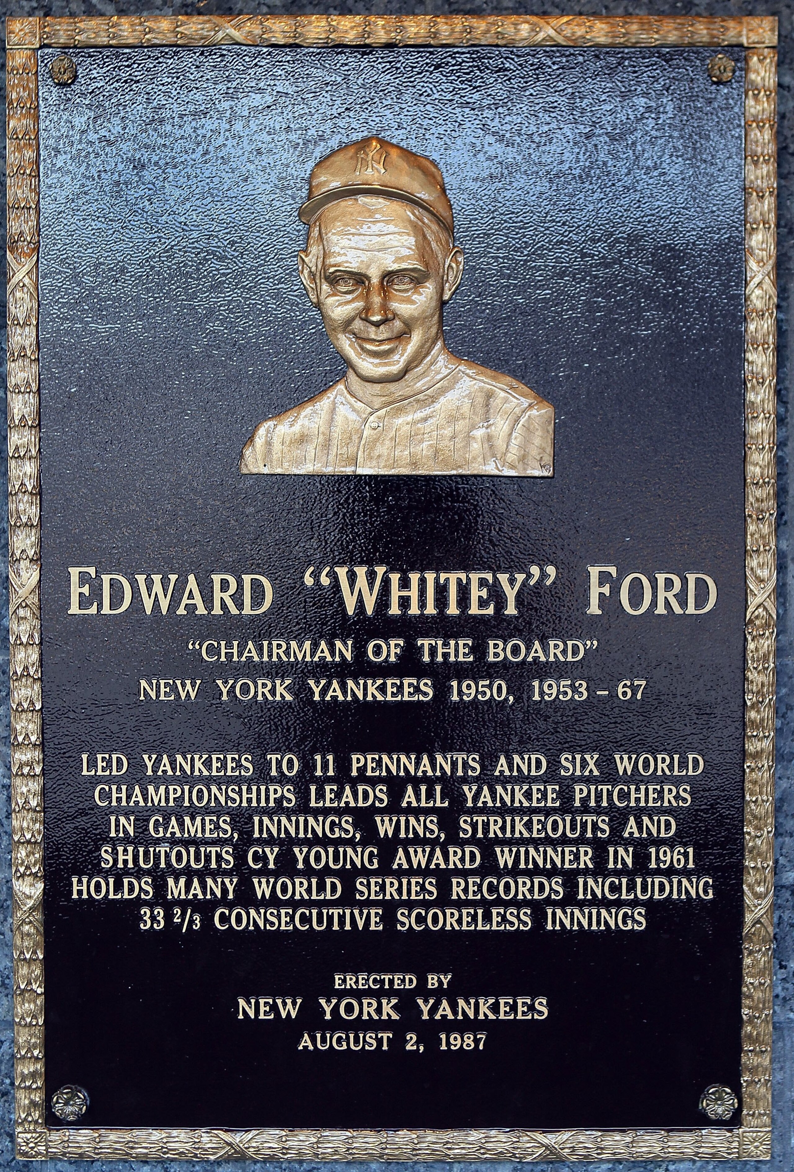 NEW YORK - MAY 02:  The plaque of Whitey Ford is seen in Monument Park at Yankee Stadium prior to game between the New York Yankees and the Chicago White Sox on May 2, 2010 in the Bronx borough of New York City. The Yankees defeated the White Sox 12-3.  (