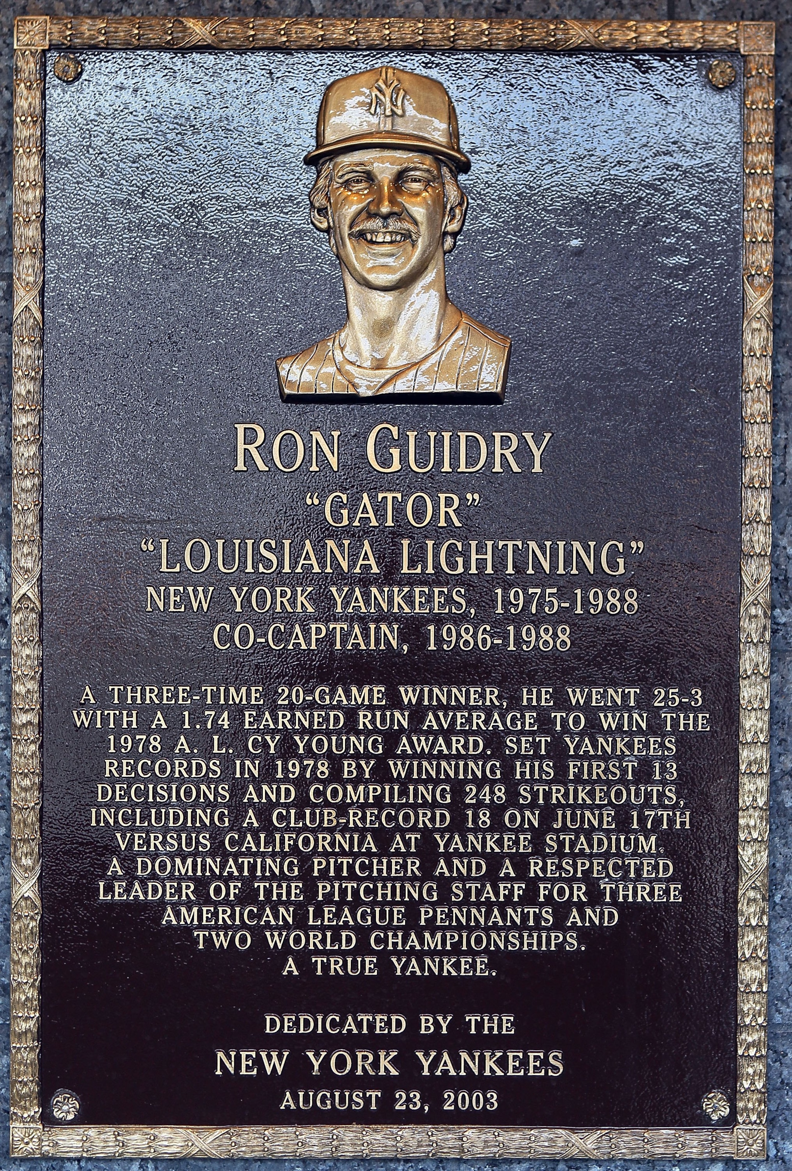 NEW YORK - MAY 02:  The plaque of Ron Guidry is seen in Monument Park at Yankee Stadium prior to the game between the New York Yankees and the Chicago White Sox on May 2, 2010 in the Bronx borough of New York City. The Yankees defeated the White Sox 12-3.
