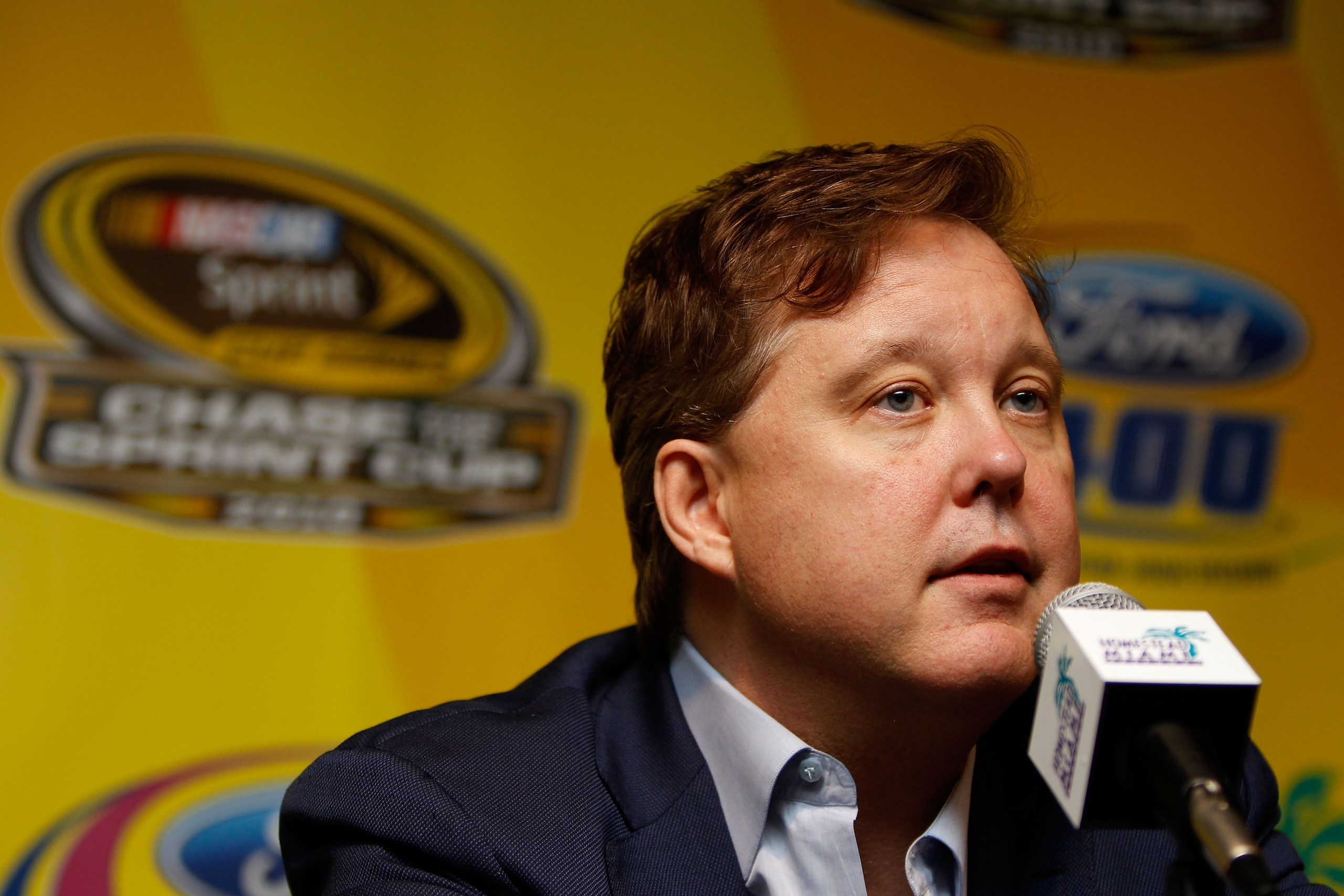 HOMESTEAD, FL - NOVEMBER 19:  NASCAR chairman Brian France speaks during a press conference prior to practice for the NASCAR Sprint Cup Series Ford 400 at Homestead-Miami Speedway on November 19, 2010 in Homestead, Florida.  (Photo by Chris Trotman/Getty