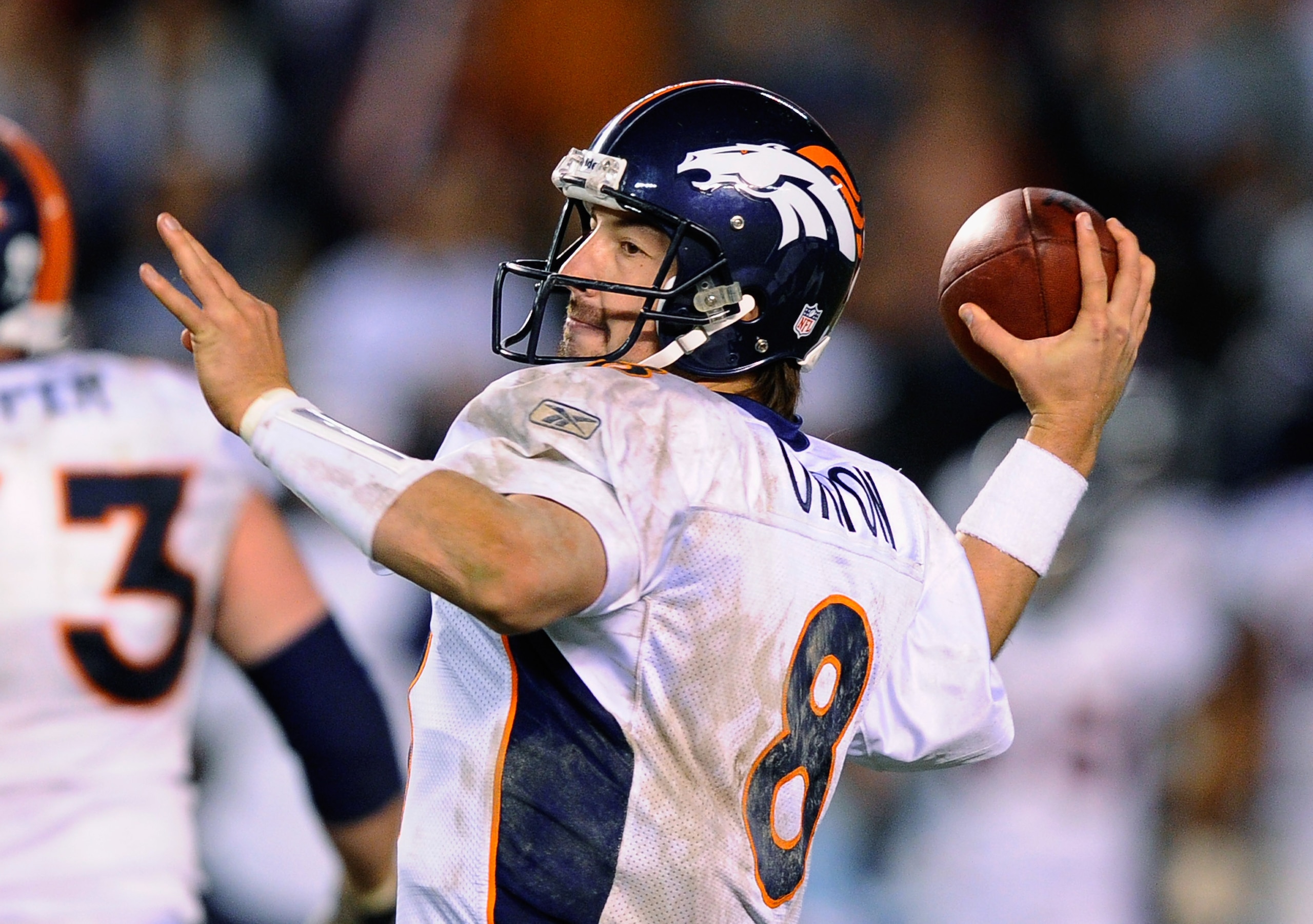 SAN DIEGO - NOVEMBER 22:  Quarterback Kyle Orton #8 of the Denver Broncos in action against San Diego Chargers at Qualcomm Stadium on November 22, 2010 in San Diego, California.  Chargers defeated the broncos, 35-14.  (Photo by Kevork Djansezian/Getty Ima