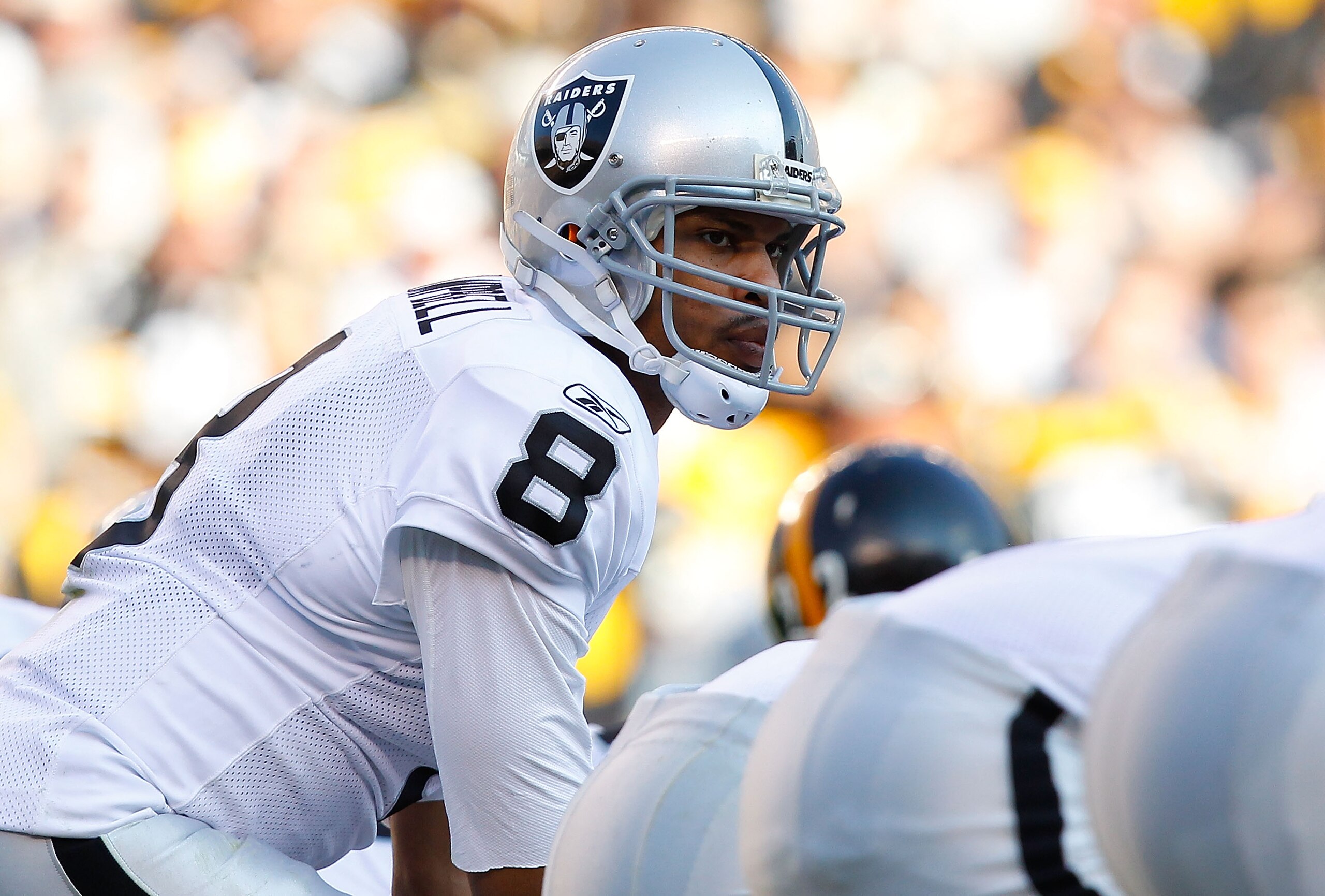 PITTSBURGH - NOVEMBER 21:  Jason Campbell #8 of the Oakland Raiders readies himself behind center during the game against the Pittsburgh Steelers on November 21, 2010 at Heinz Field in Pittsburgh, Pennsylvania.  (Photo by Jared Wickerham/Getty Images)