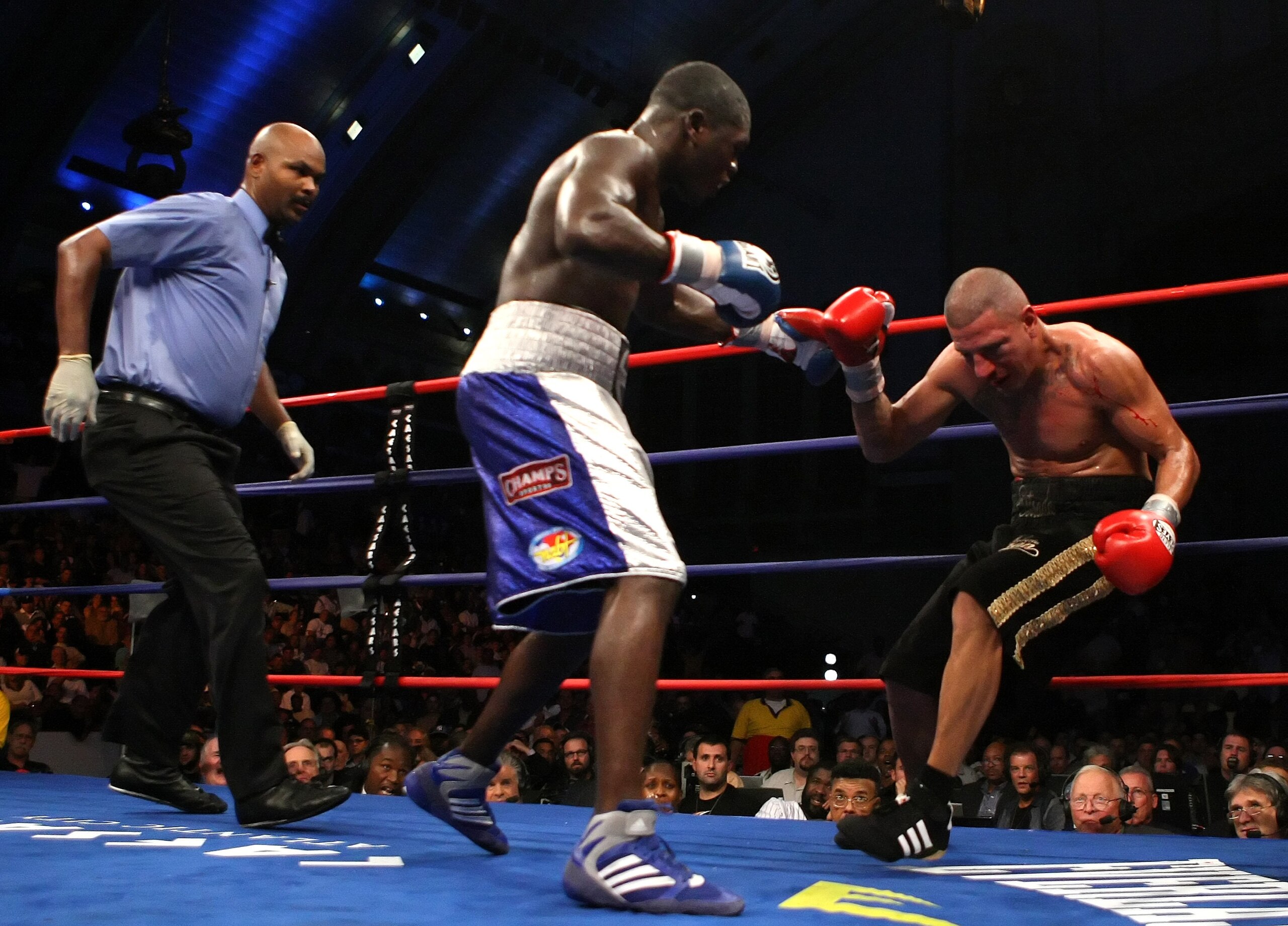 ATLANTIC CITY, NJ - SEPTEMBER 29:  David Estrada falls against the ropes after receiving a blow from Andre Berto during their NABF Welterweight Championship fight at Boardwalk Hall on September 29, 2007 in Atlantic City, New Jersey.  Andre Berto won by TK