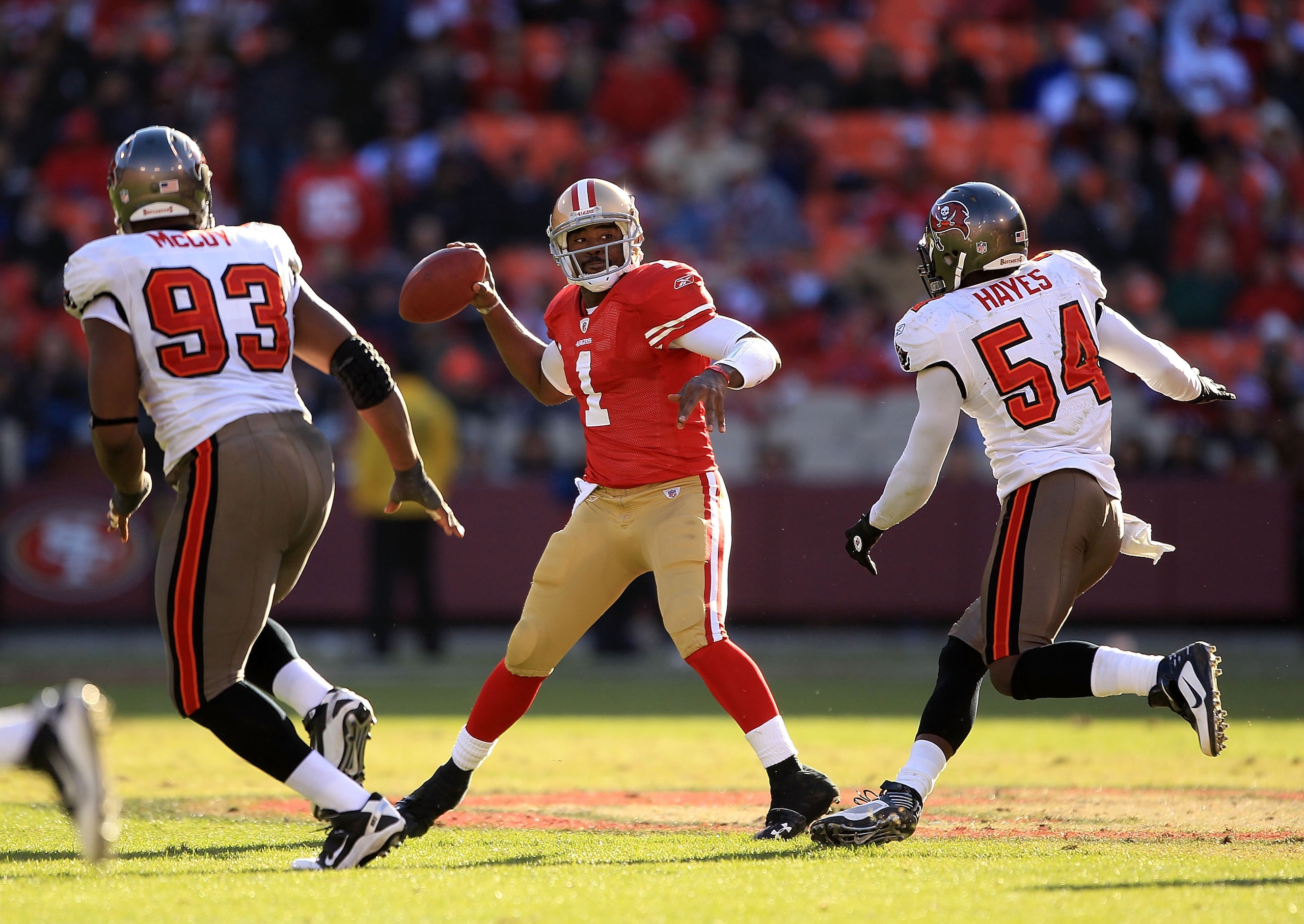 SAN FRANCISCO - NOVEMBER 21:  Troy Smith #1 of the San Francisco 49ers passes the ball against the Tampa Bay Buccaneers at Candlestick Park on November 21, 2010 in San Francisco, California.  (Photo by Ezra Shaw/Getty Images)