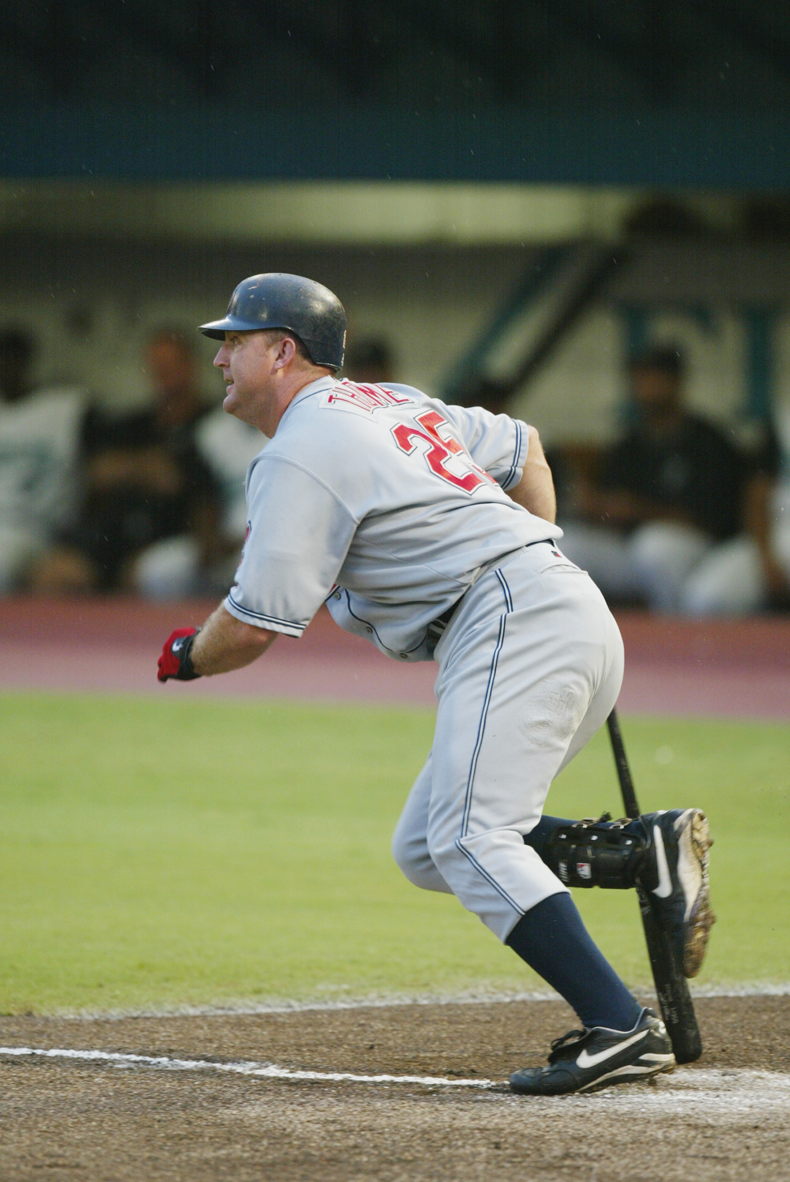 MIAMI - JUNE 20:  First baseman Jim Thome #25 of the Cleveland Indians watches the flight of the ball during the MLB game against the Florida Marlins on June 20, 2002 at Pro Player Stadium in Miami, Florida. The game was delayed in the 6th inning due to r