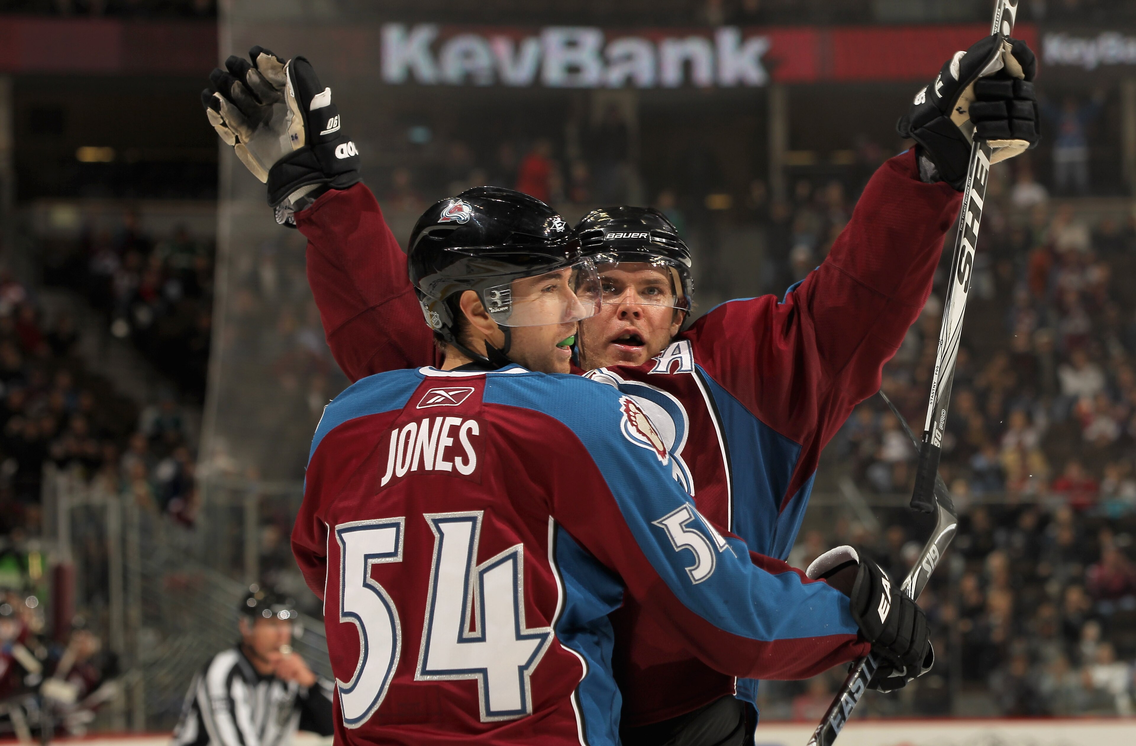 DENVER - NOVEMBER 17:  Paul Stastny #26 of the Colorado Avalanche celebrates his game tying third period goal against the San Jose Sharks with David Jones #54 at the Pepsi Center on November 17, 2010 in Denver, Colorado. The Avalanche defeated the Sharks
