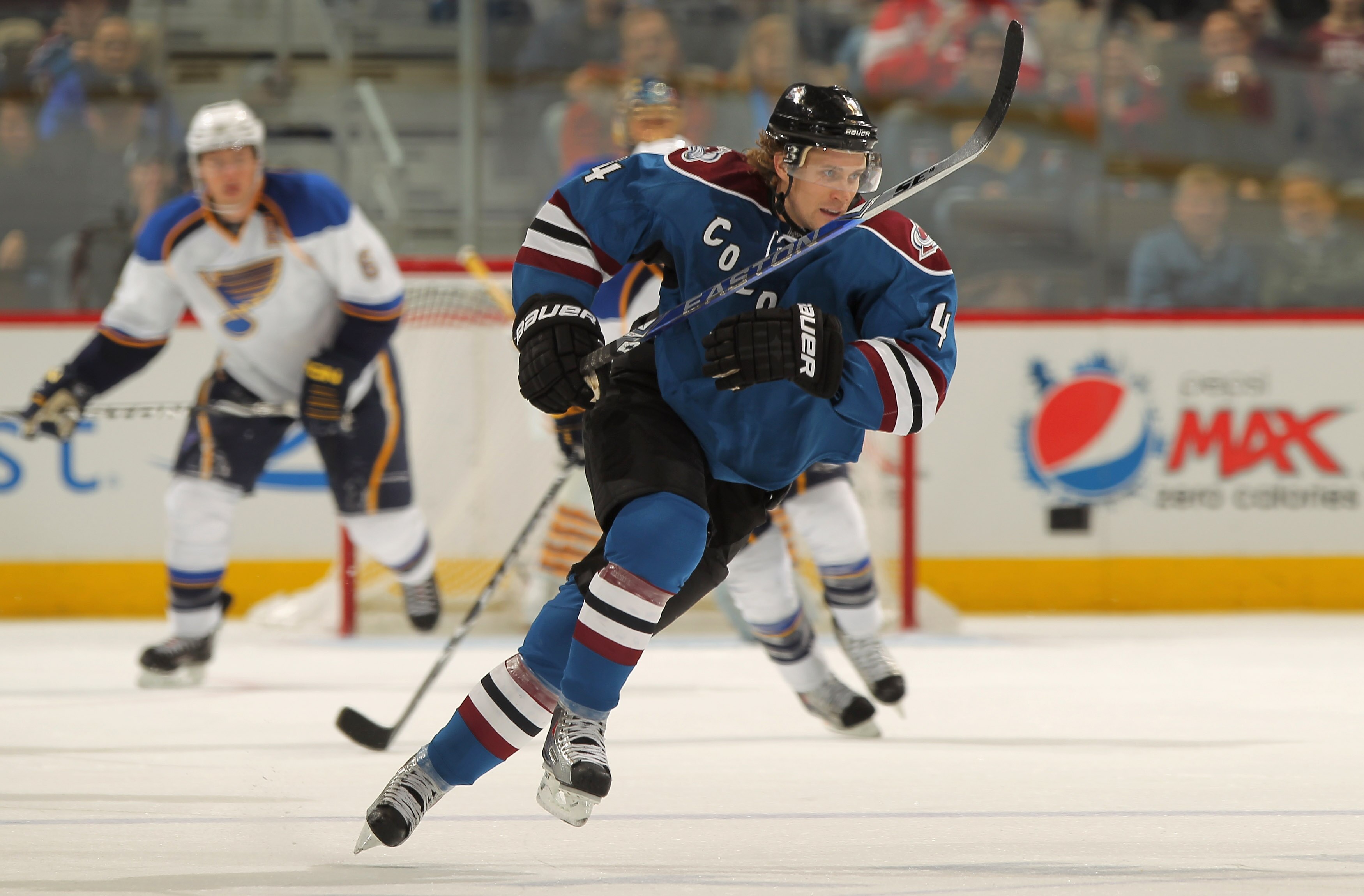 DENVER - NOVEMBER 15:  Defenseman John-Michael Liles #4 of the Colorado Avalanche skates against the St. Louis Blues at the Pepsi Center on November 15, 2010 in Denver, Colorado. Liles had two goals as the Avalanche defeated the Blues 6-3.  (Photo by Doug