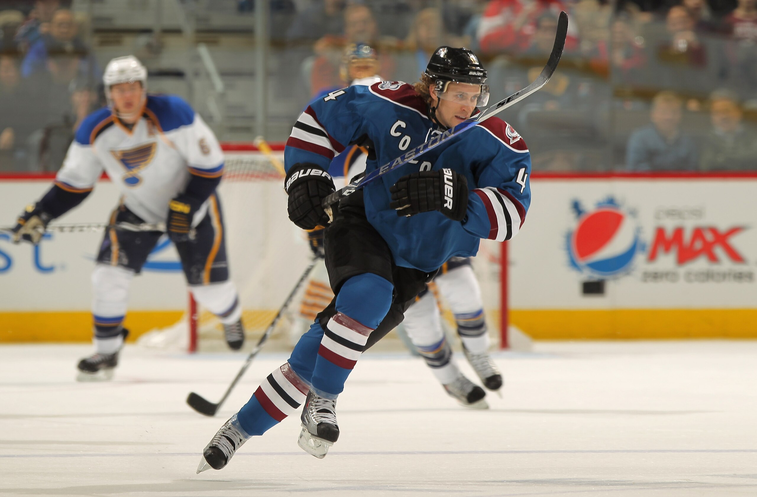 DENVER - NOVEMBER 15:  Defenseman John-Michael Liles #4 of the Colorado Avalanche skates against the St. Louis Blues at the Pepsi Center on November 15, 2010 in Denver, Colorado. Liles had two goals as the Avalanche defeated the Blues 6-3.  (Photo by Doug