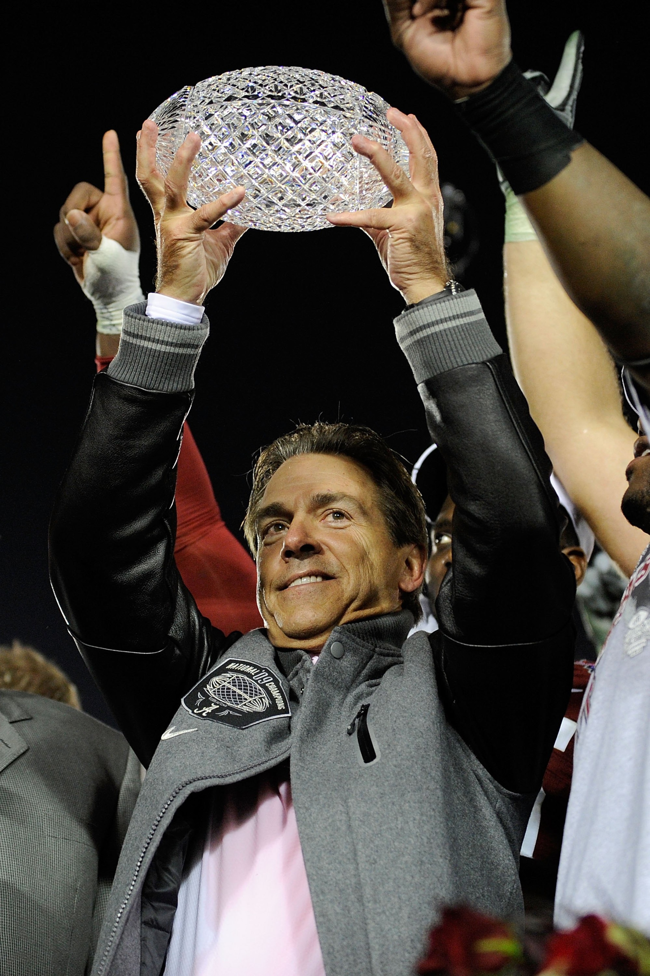 PASADENA, CA - JANUARY 07: Head coach Nick Saban and the Alabama Crimson Tide celebrate with the BCS Championship trophy after winning the Citi BCS National Championship game over the Texas Longhorns at the Rose Bowl on January 7, 2010 in Pasadena, Calif PASADENA, CA - JANUARY 07: Head coach Nick Saban and the Alabama Crimson Tide celebrate with the BCS Championship trophy after winning the Citi BCS National Championship game over the Texas Longhorns at the Rose Bowl on January 7, 2010 in Pasadena, Calif