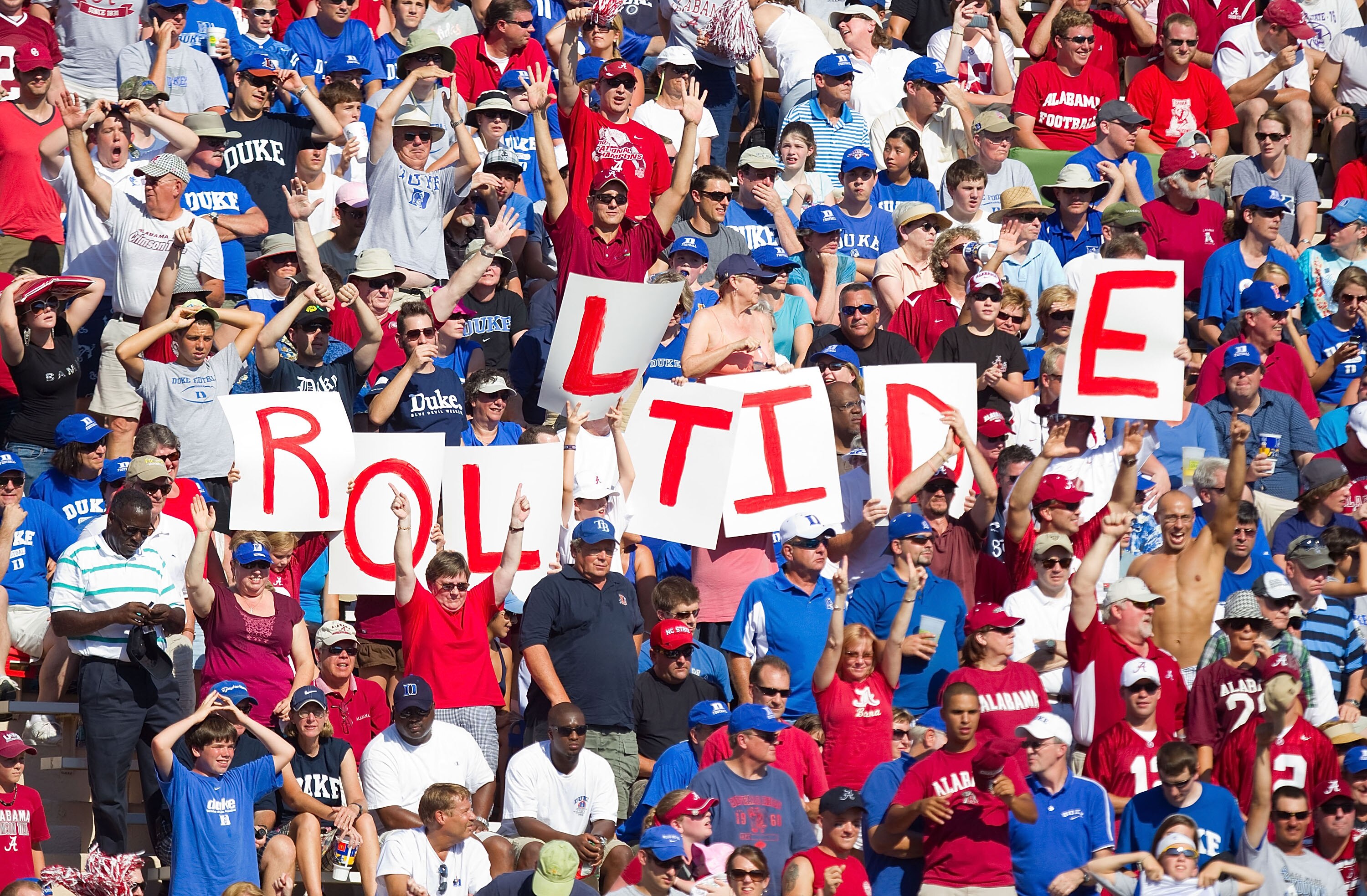 DURHAM, NC - SEPTEMBER 18: Alabama Crimson Tide fans spell out 'Roll Tide' after their team scored a touchdown against the Duke Blue Devils at Wallace Wade Stadium on September 18, 2010 in Durham, North Carolina.  The Crimson Tide defeated the Blue Devils