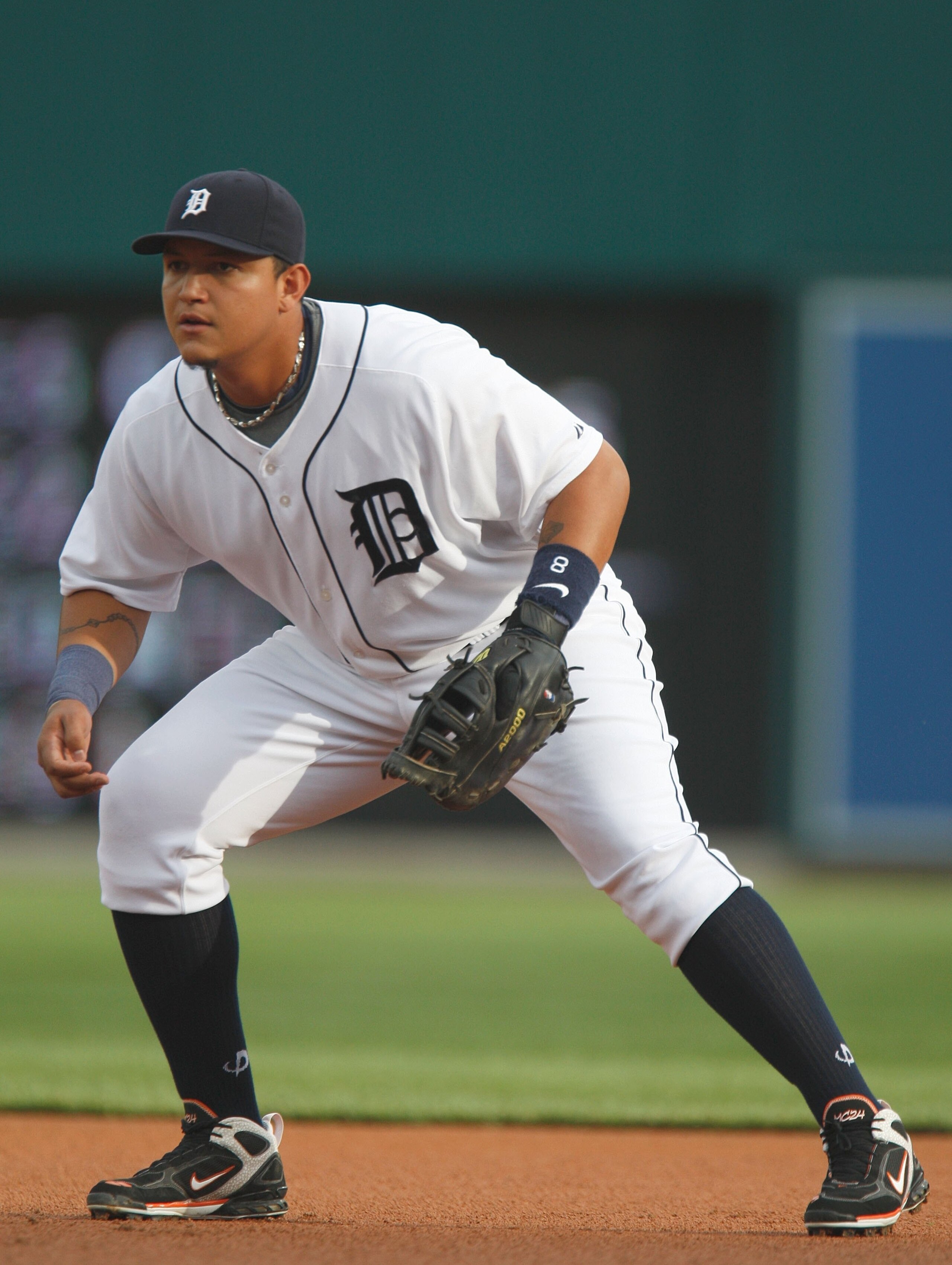 DETRIOT - JULY 8: Miguel Cabrera #24 of the Detroit Tigers gets ready on field against the Cleveland Indians on July 8, 2008 at Comerica Park in Detroit, Michigan. (Photo by: Gregory Shamus/Getty Images)