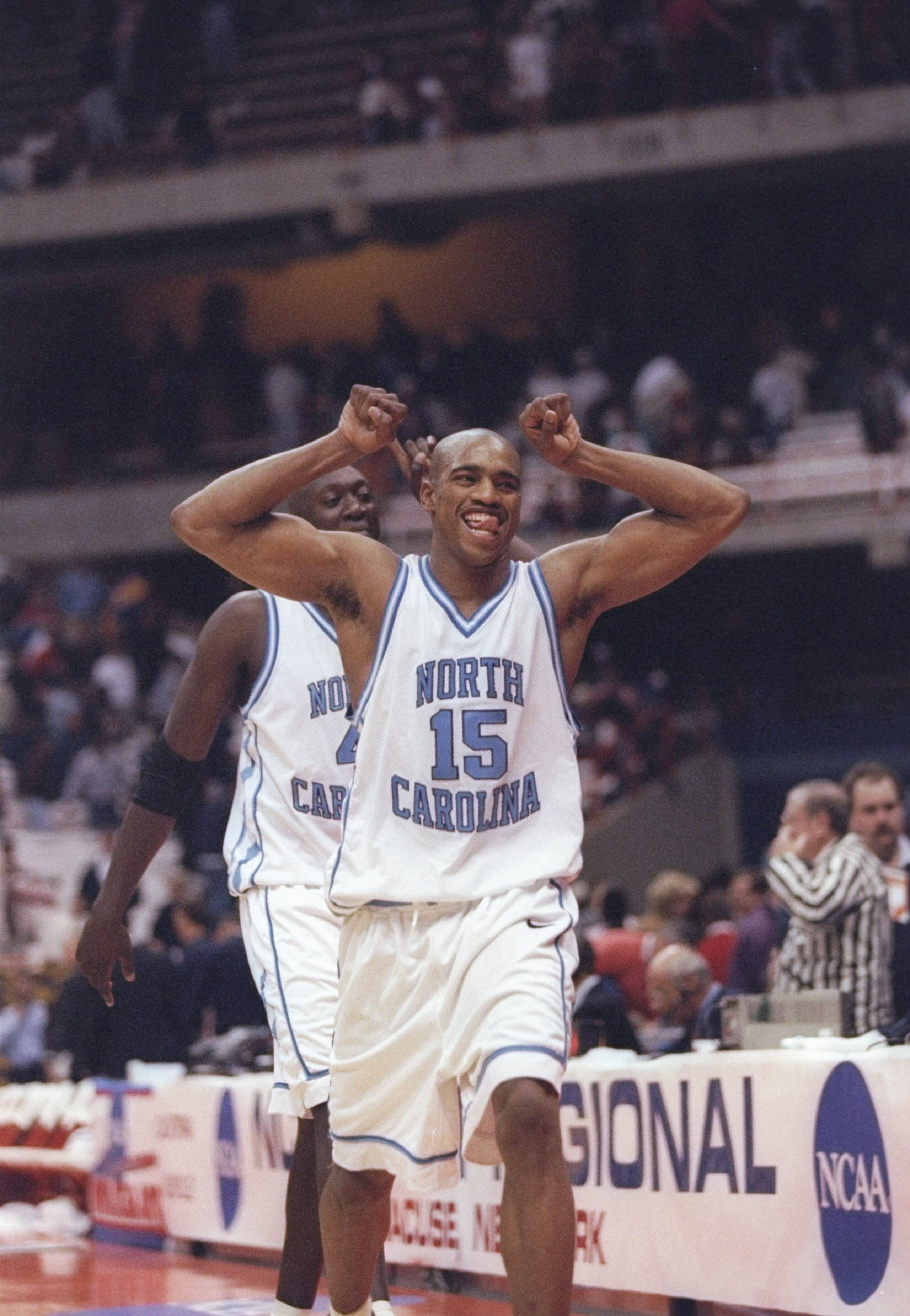 23 Mar 1997:    Guard Vince Carter of the University of North Carolina Tarheels celebrates after a basket during a playoff game against the Louisville Cardinals at the Carrier Dome in Syracuse, New York  The Tarheels won the game 97 - 74. Mandatory Credit