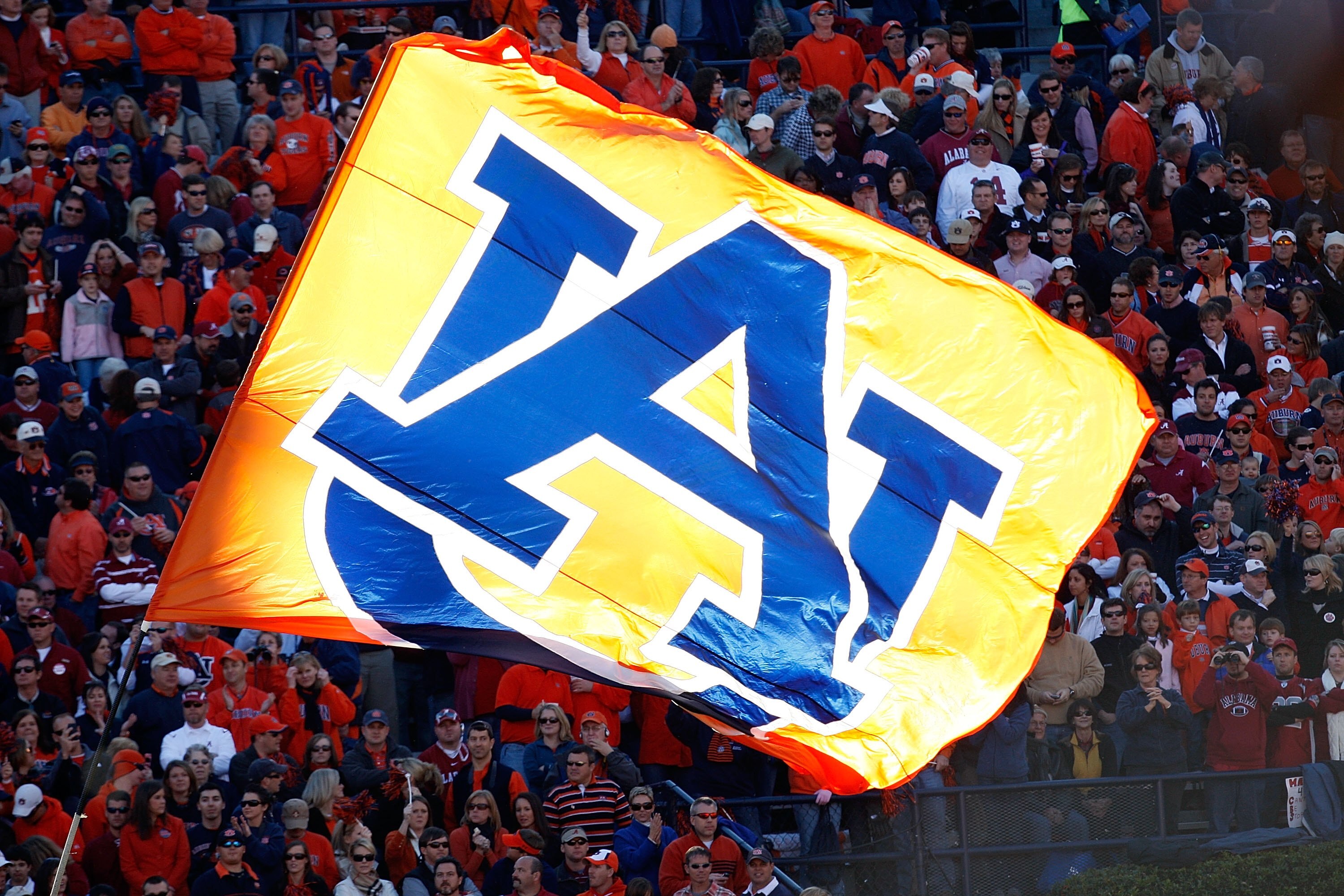 AUBURN, AL - NOVEMBER 27:  A flag for the Auburn Tigers is flown during the game against the Alabama Crimson Tide at Jordan-Hare Stadium on November 27, 2009 in Auburn, Alabama.  (Photo by Kevin C. Cox/Getty Images)