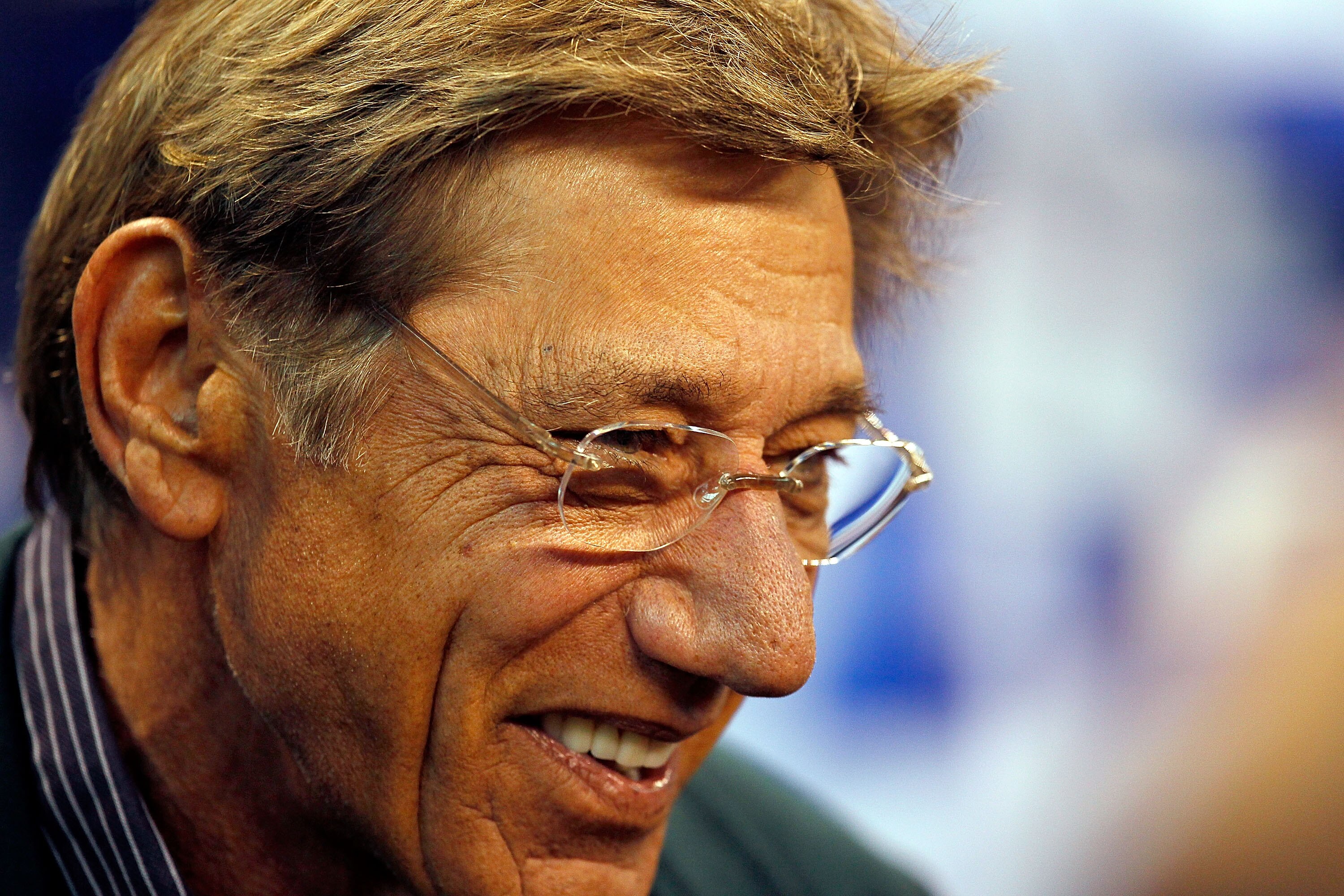 INDIANAPOLIS - JANUARY 24:  Joe Namath, former Jets quarterback, looks on from the sidelines before  the New York Jets take on the Indianapolis Colts during the AFC Championship Game at Lucas Oil Stadium on January 24, 2010 in Indianapolis, Indiana.  (Pho