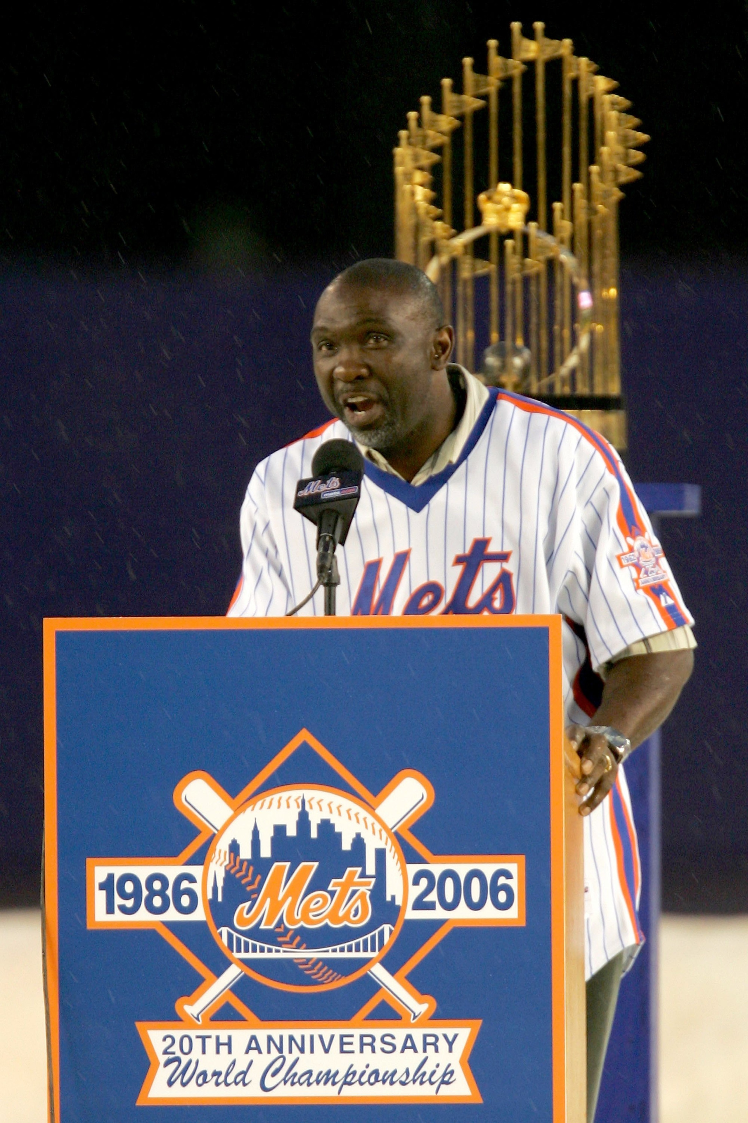 NEW YORK - AUGUST 19:  Mookie Wilson a member of the 1986 New York Mets speaks during a  tribute to mark the  20th Anniversary of their World Series win, before the New York Mets played the Colorado Rockies at Shea Stadium August 19, 2006 in the Queens bo