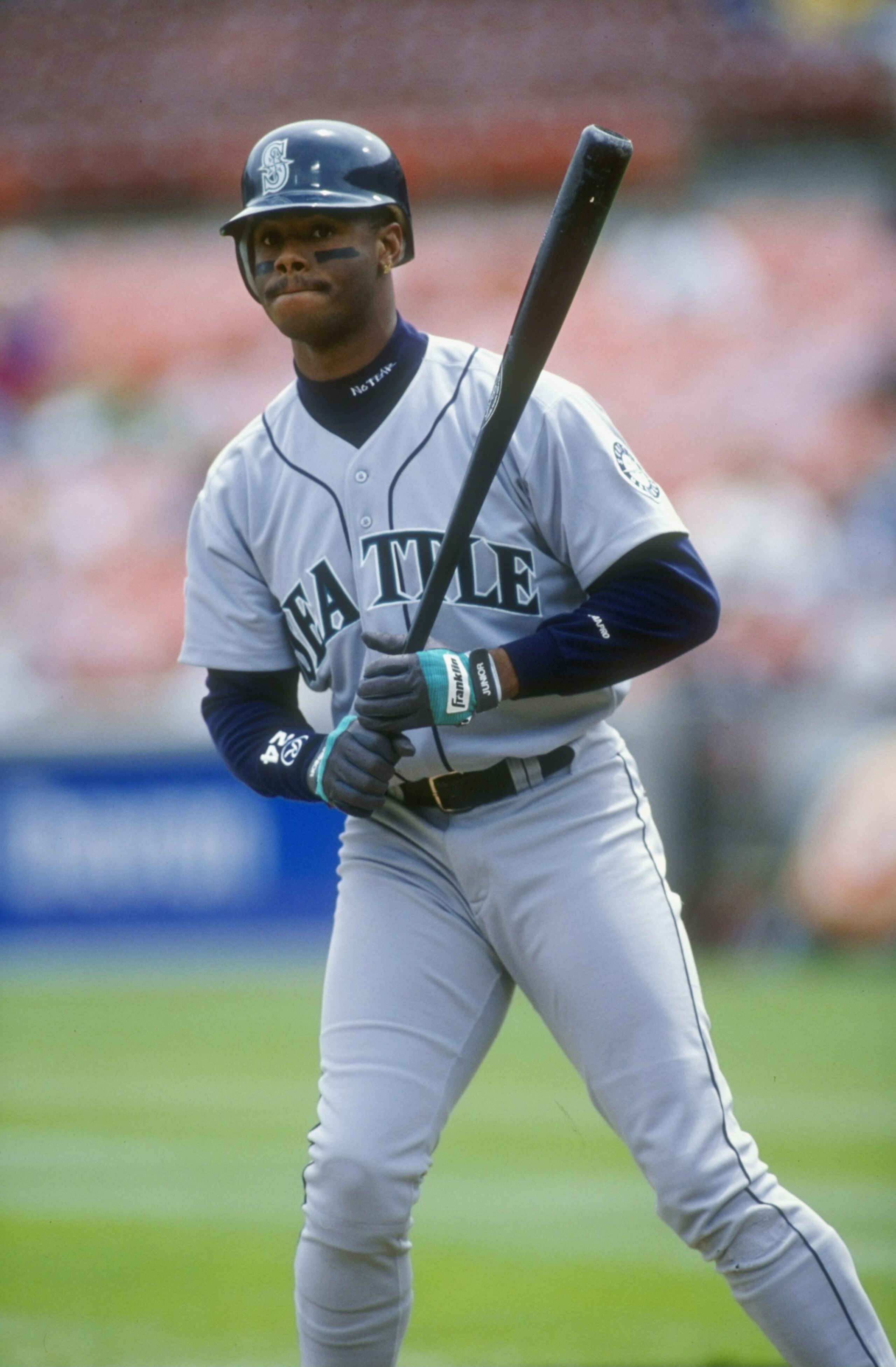 11 May 1995:  Ken Griffey Jr. of the Seattle Mariners holds his bat during their game against the Oakland Athletic''s at Oakland Coliseum in Oakland, California. Mandatory Credit: Otto Greule Jr.  /Allsport