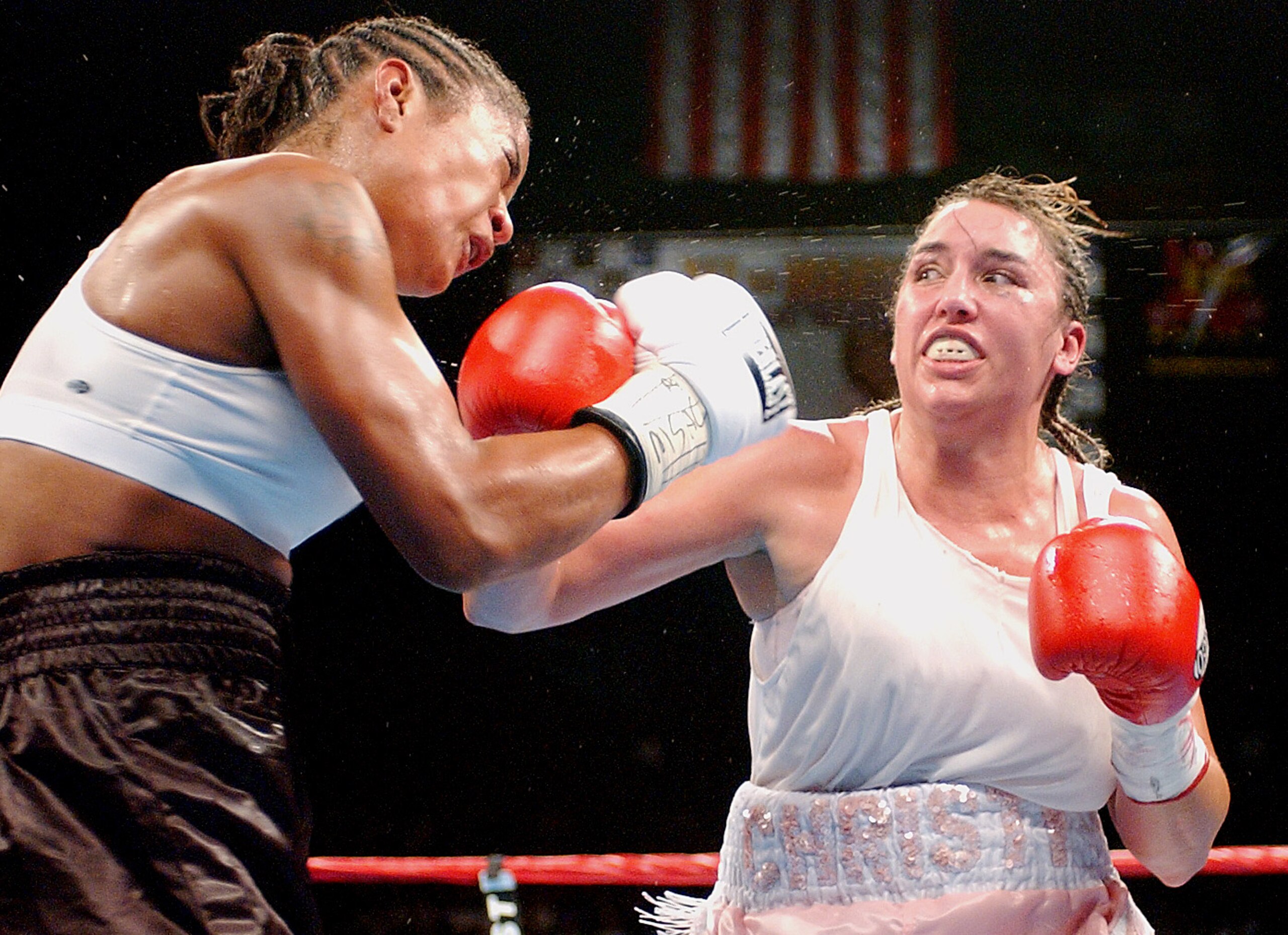 BILOXI, MS - AUGUST 23:  Laila Ali and Christy Martin square off  on August 23, 2003 at Mississippi Coast Coliseum in Biloxi, Mississippi. Ali defeated Martin with a 4th round knock out. (Photo by Chris Graythen/Getty Images)