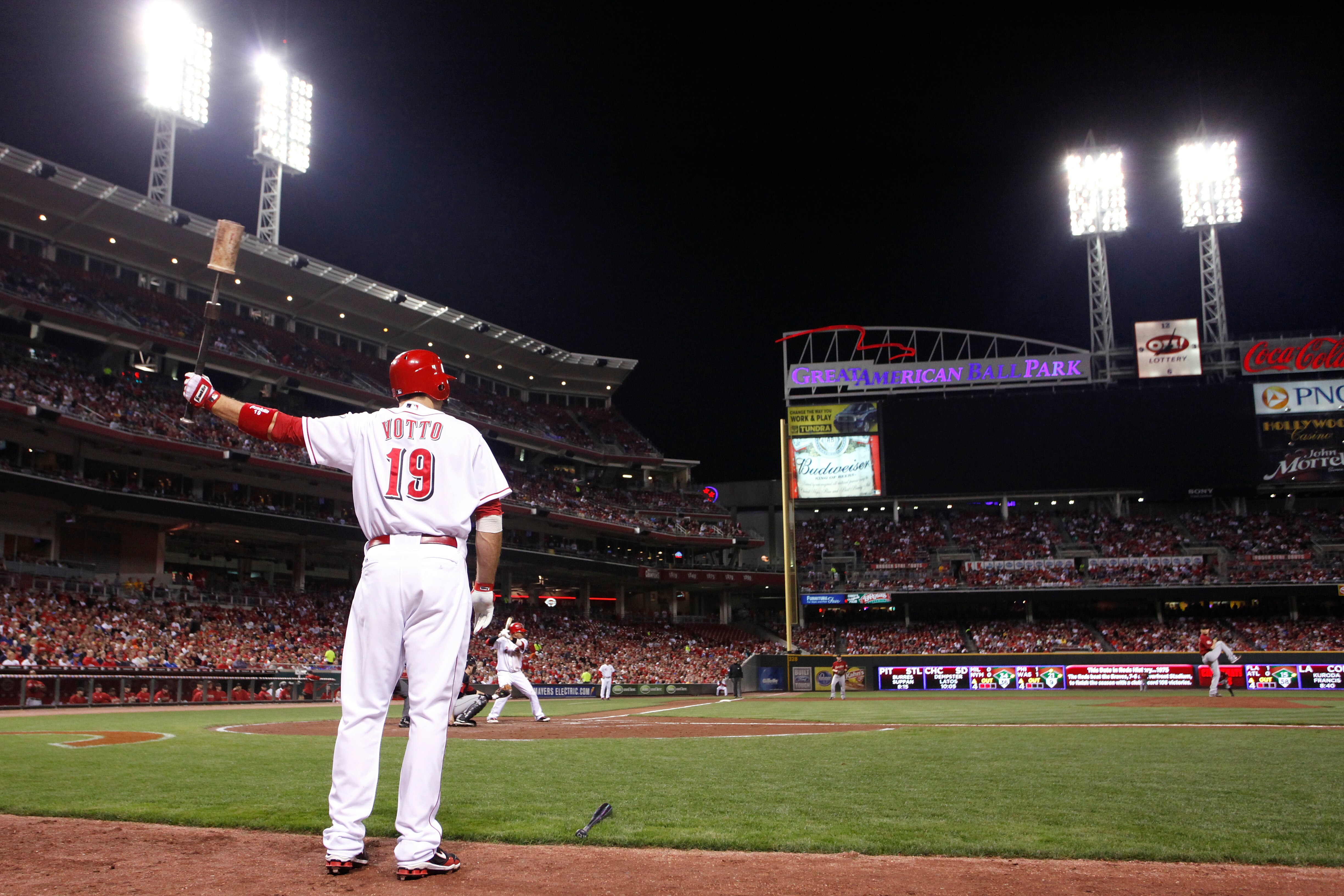 CINCINNATI, OH - SEPTEMBER 28: Joey Votto #19 of the Cincinnati Reds waits to bat against the Houston Astros at Great American Ball Park on September 28, 2010 in Cincinnati, Ohio. The Reds won 3-2 to clinch the NL Central Division title. (Photo by Joe Rob