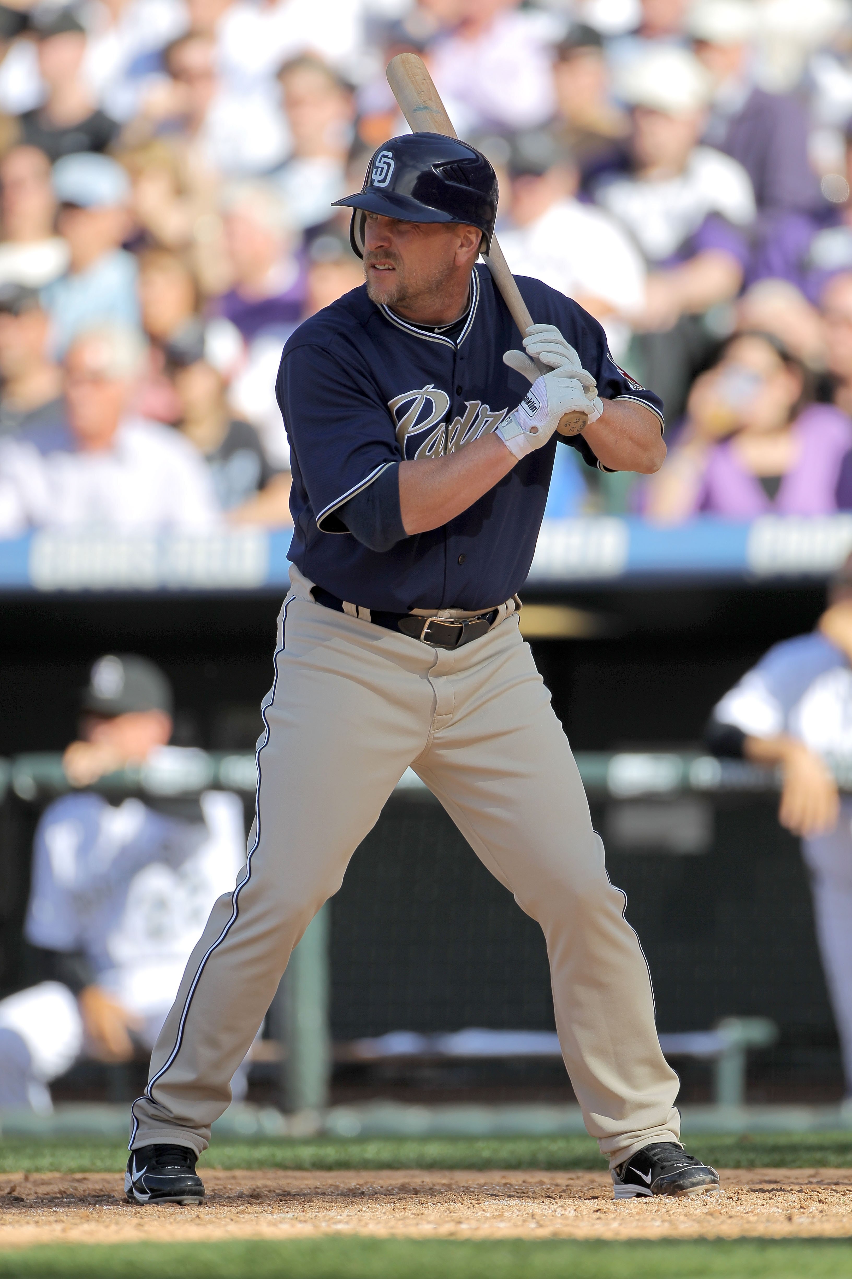 DENVER - APRIL 09:  Matt Stairs #16 of the San Diego Padres pinch hits against the Colorado Rockies during MLB action on Opening Day at Coors Field on April 9, 2010 in Denver, Colorado. The Rockies defeated the Padres 7-0.  (Photo by Doug Pensinger/Getty