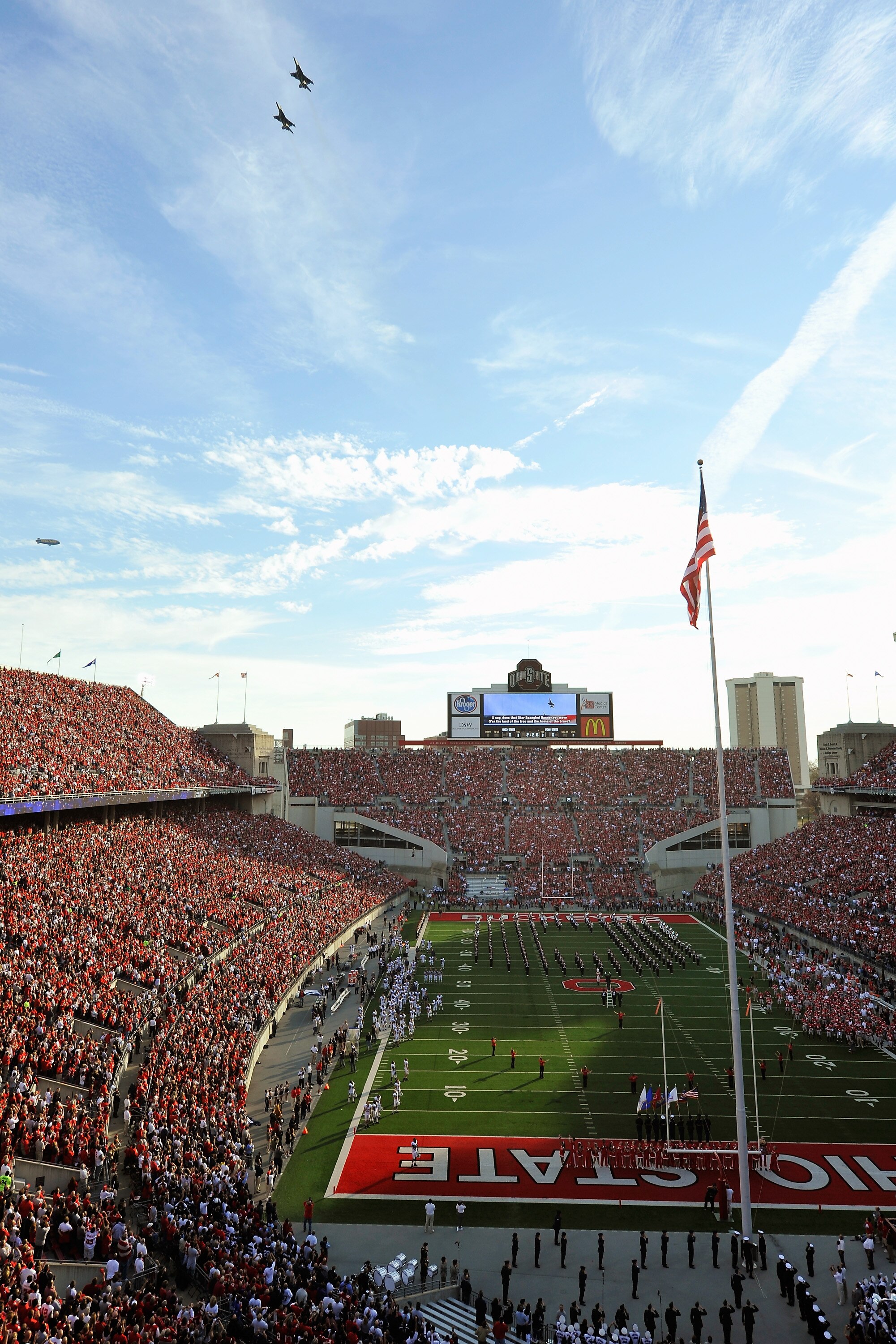 COLUMBUS, OH - NOVEMBER 13:  A pair of F-18's make a pass over Ohio Stadium before a game between the Penn State Nittany Lions and the Ohio State Buckeyes on November 13, 2010 in Columbus, Ohio.  (Photo by Jamie Sabau/Getty Images)