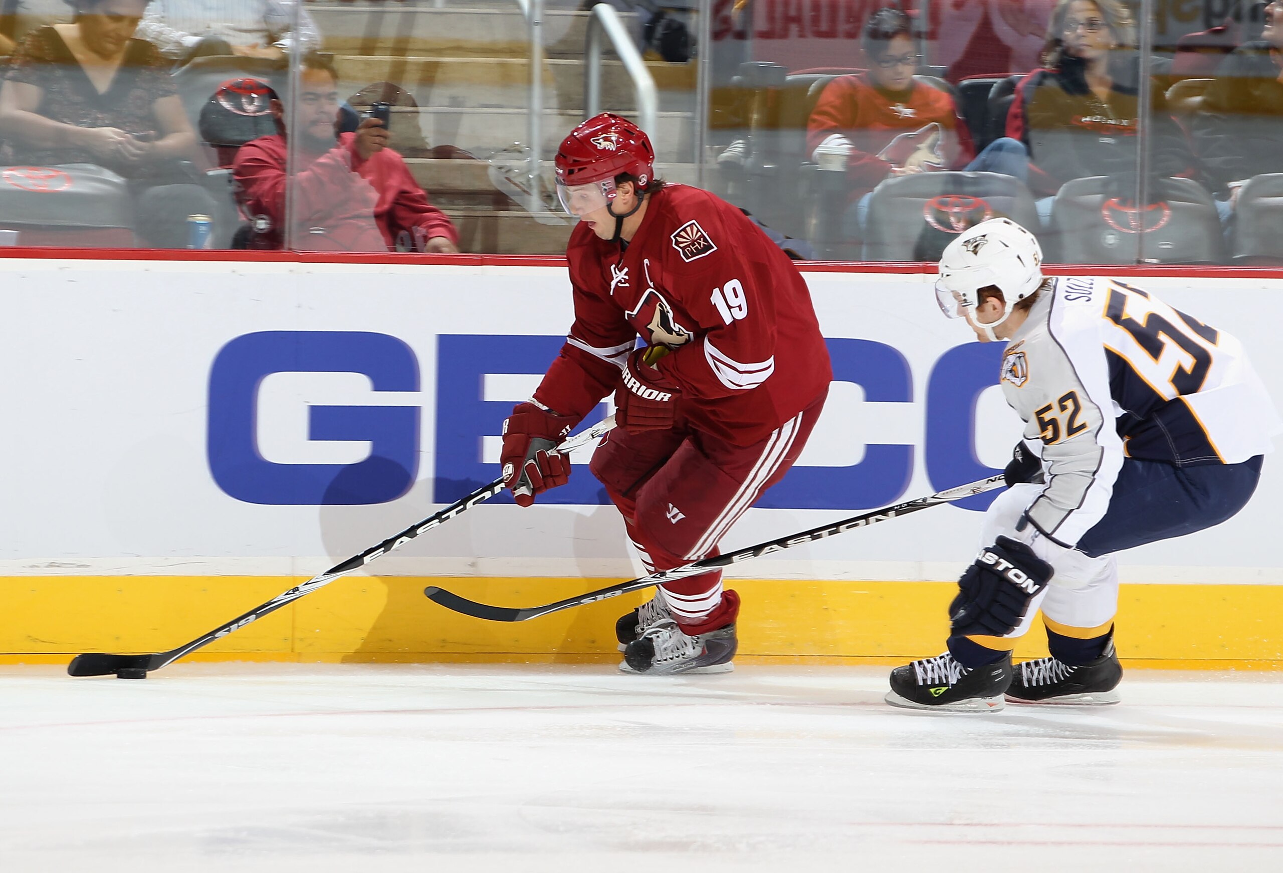 GLENDALE, AZ - NOVEMBER 03:  Shane Doan #19 of the Phoenix Coyotes skates with the puck during the NHL game against the Nashville Predators at Jobing.com Arena on November 3, 2010 in Glendale, Arizona. The Coyotes defeated the Predators 4-3.  (Photo by Ch