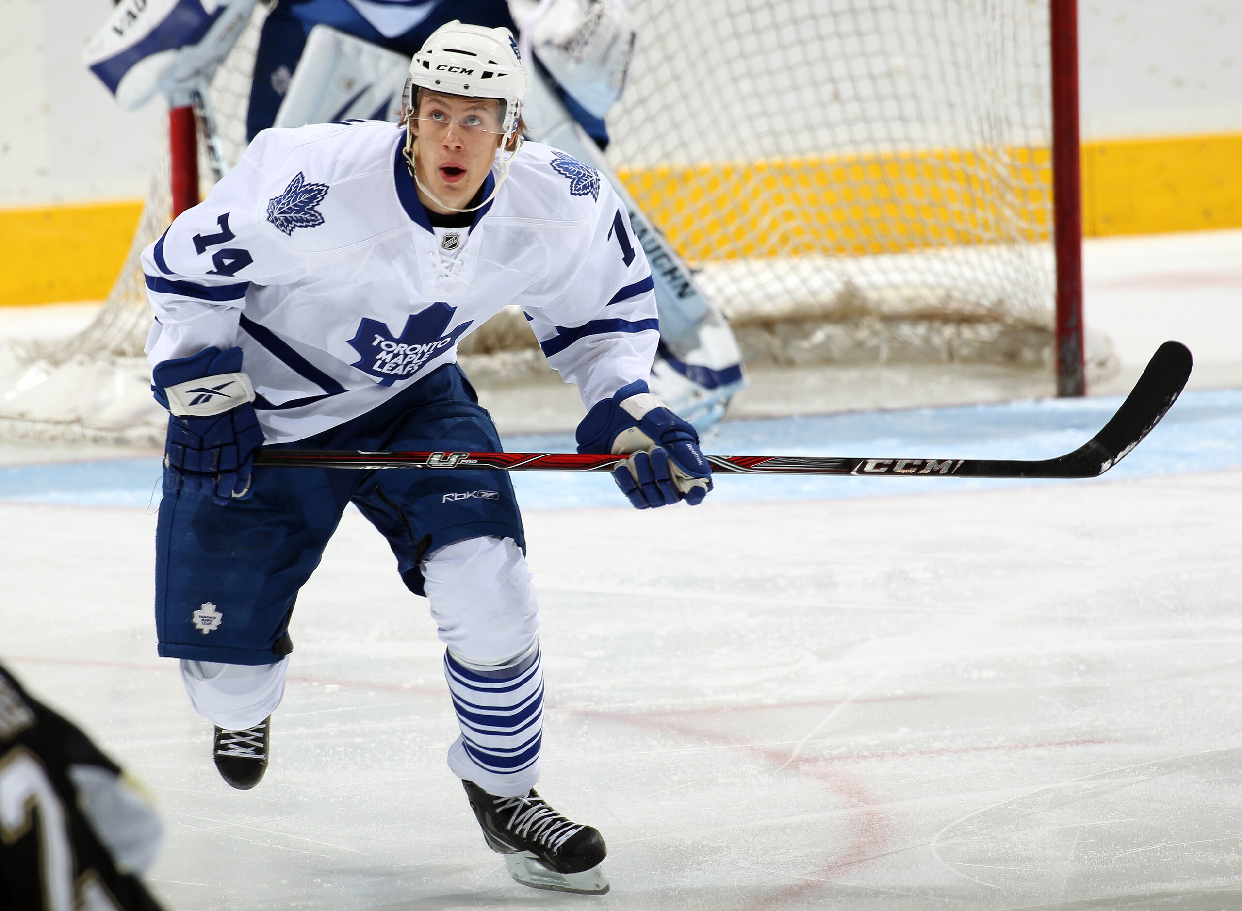 LONDON,ON - SEPTEMBER 12:  Sondre Olden #74 of the Toronto Maple Leafs skates in a game against the Pittsburgh Penguins during the NHL Rookie Tournament on September 12,2010 at the John Labatt Centre in London, Ontario. The Penguins defeated the Leafs 2-1