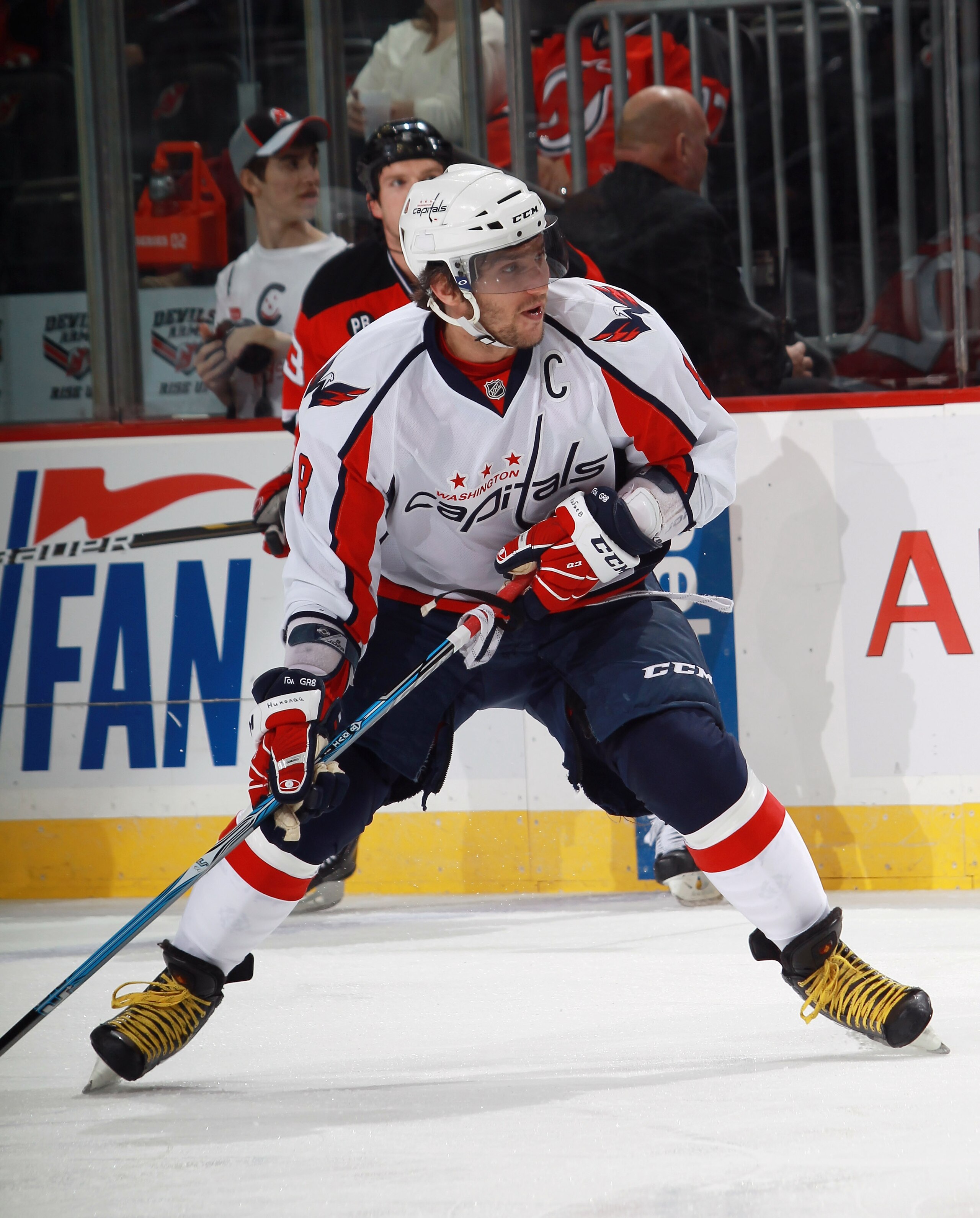 NEWARK, NJ - NOVEMBER 22:  Alex Ovechkin #8 of the Washington Capitals skates against the New Jersey Devils at the Prudential Center on November 22, 2010 in Newark, New Jersey. The Devils defeated the Capitals 5-0.  (Photo by Bruce Bennett/Getty Images)