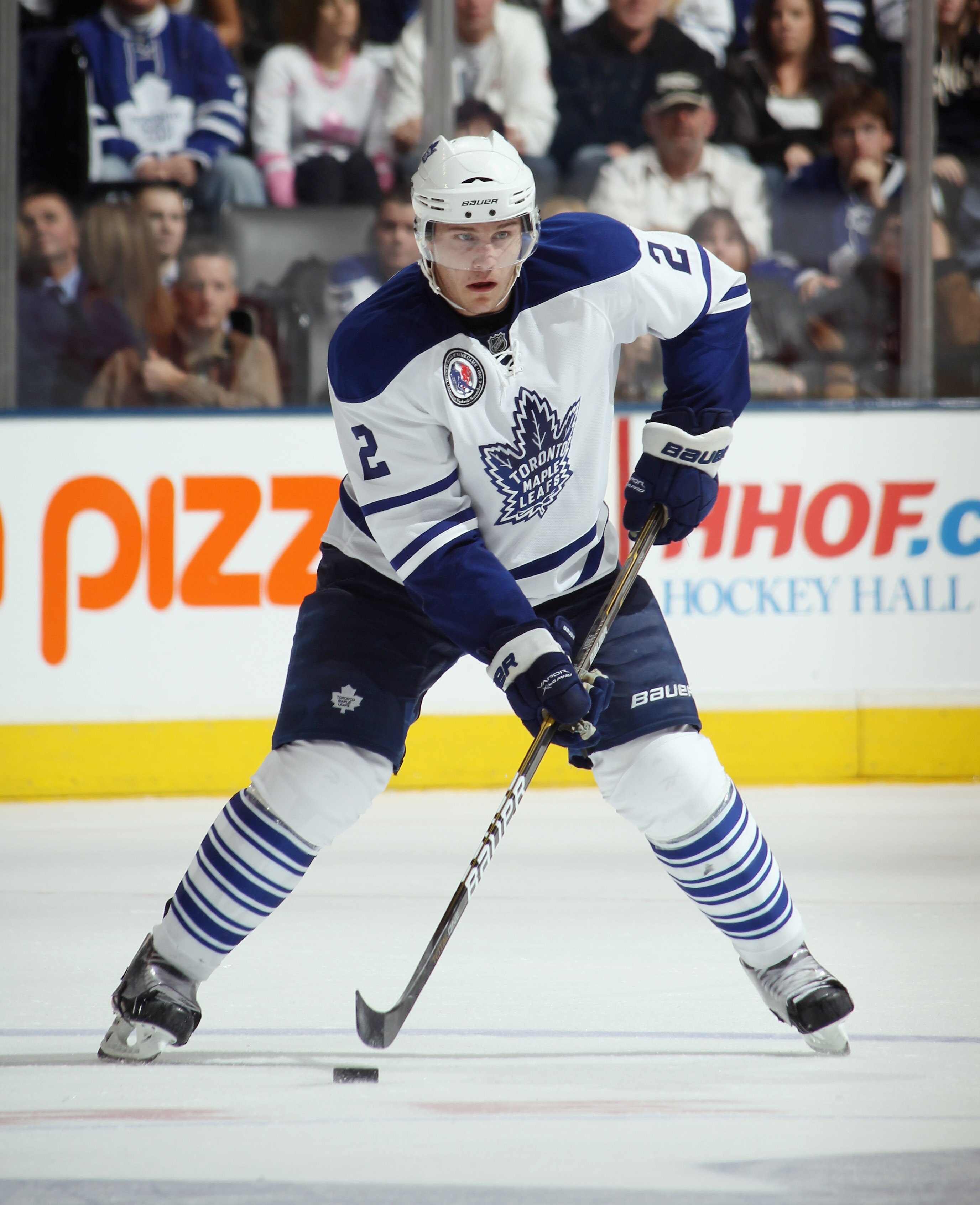 TORONTO, ON - NOVEMBER 06:  Luke Schenn #2 of the Toronto Maple Leafs skates against the Buffalo Sabres at the Air Canada Centre on November 6, 2010 in Toronto, Canada. The Sabres defeated the Maple Leafs 3-2.  (Photo by Bruce Bennett/Getty Images)