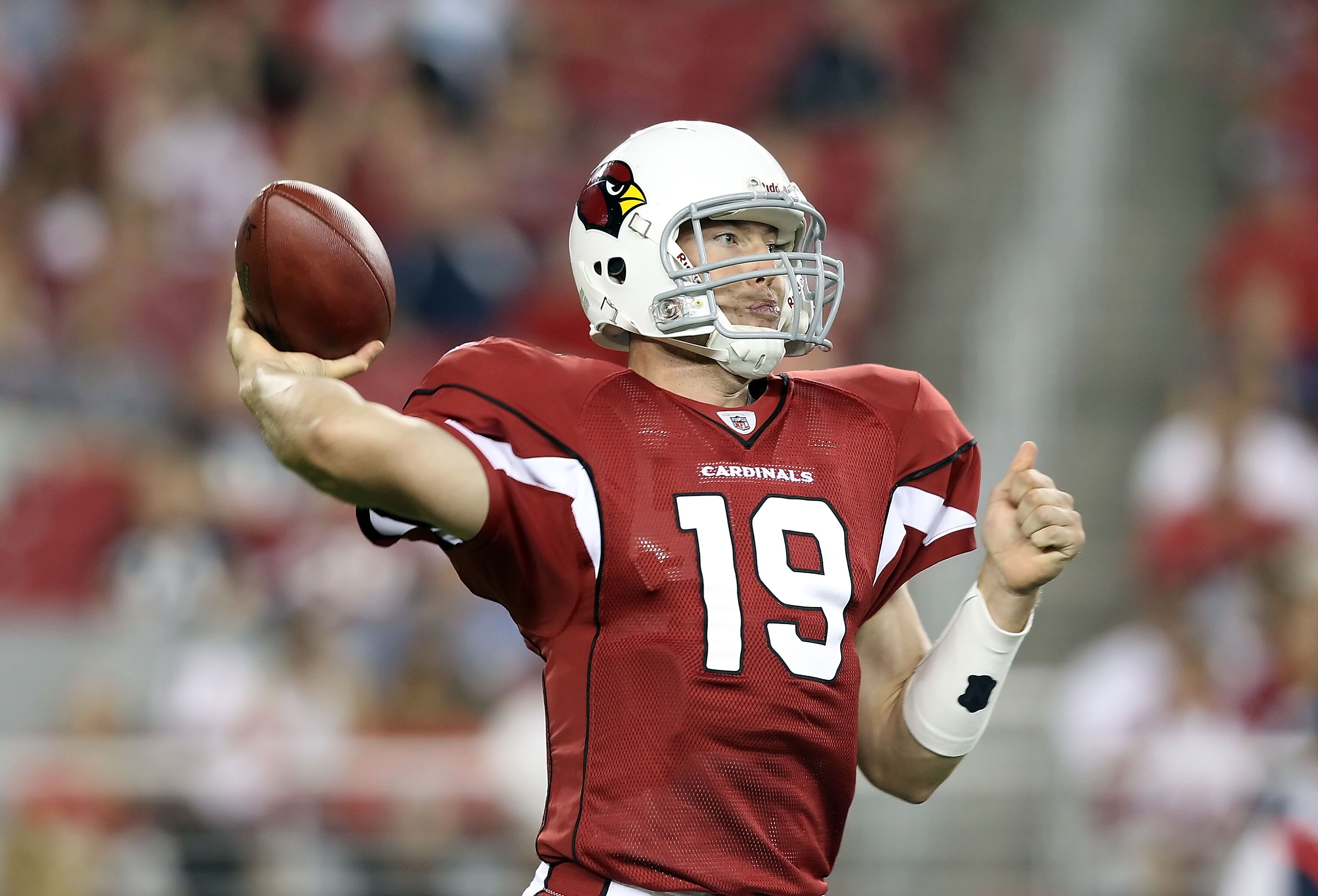 GLENDALE, AZ - AUGUST 14:  Quarterback John Skelton #19 of the Arizona Cardinals drops back to pass during preseason NFL game against the Houston Texans at the University of Phoenix Stadium on August 14, 2010 in Glendale, Arizona.  The Cardinals defeated